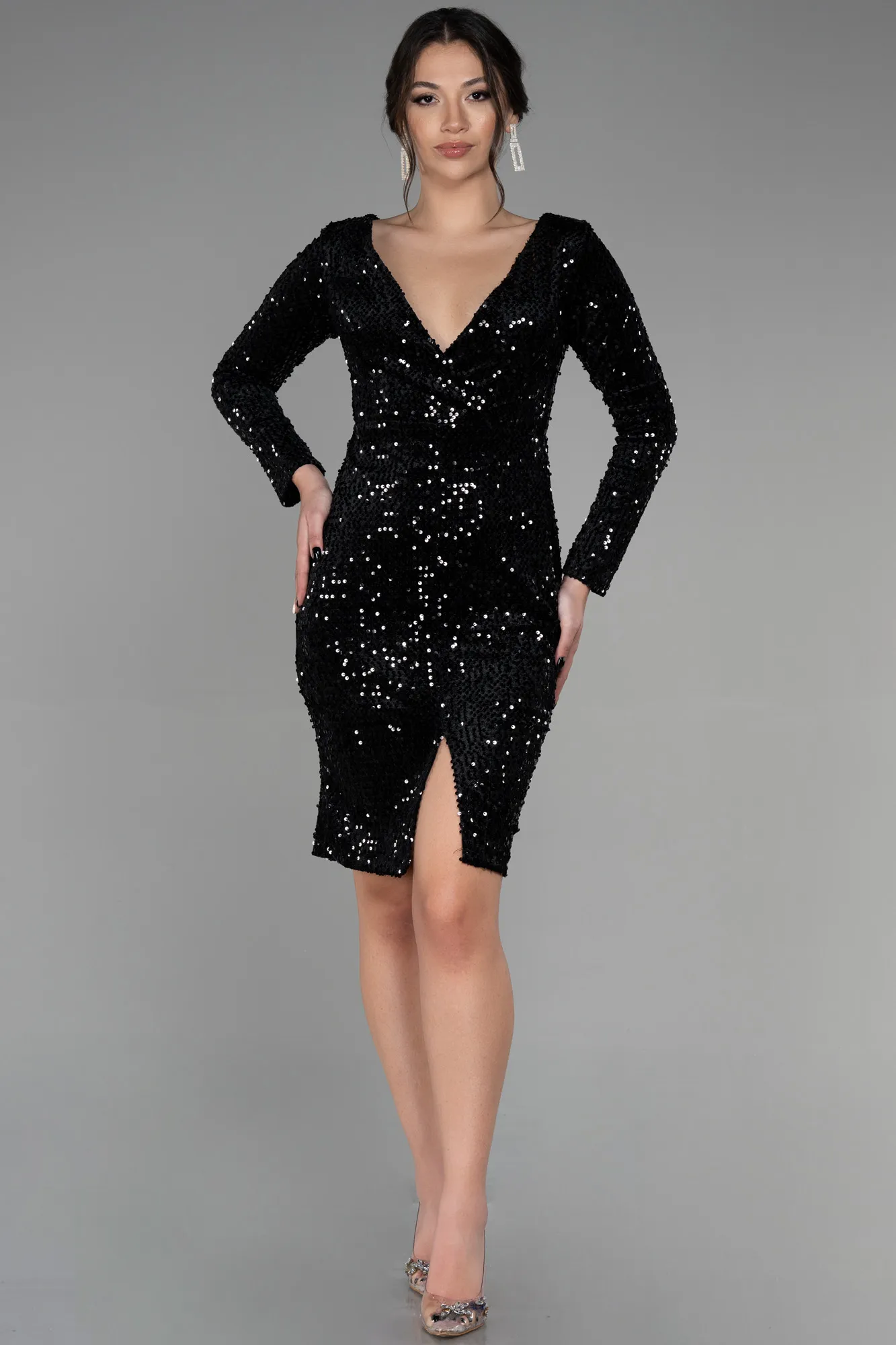 Black-Short Sequined Velvet Invitation Dress ABK1158