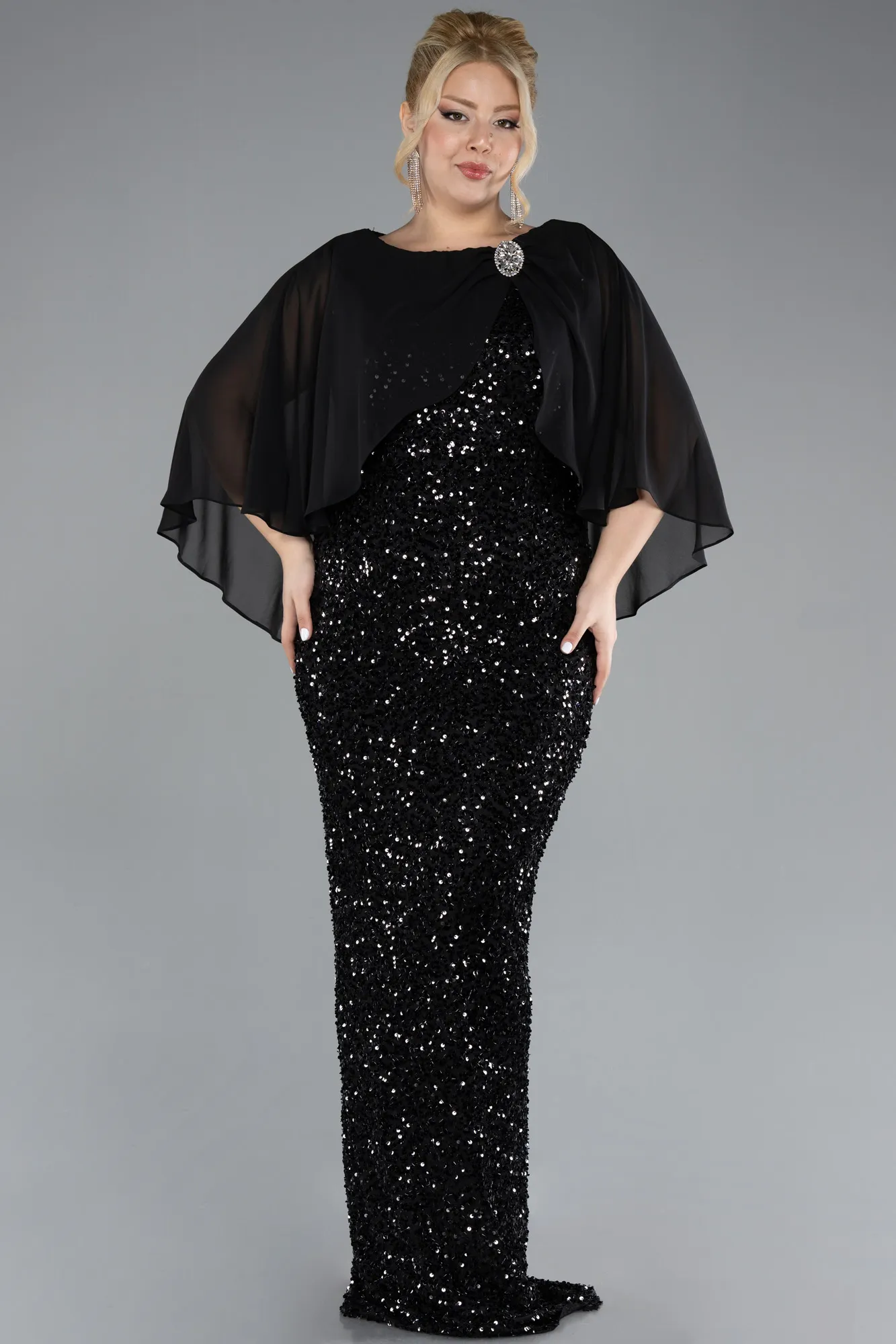 Black-Short Shawl Sleeve Long Scaly Plus Size Evening Gown ABU4354