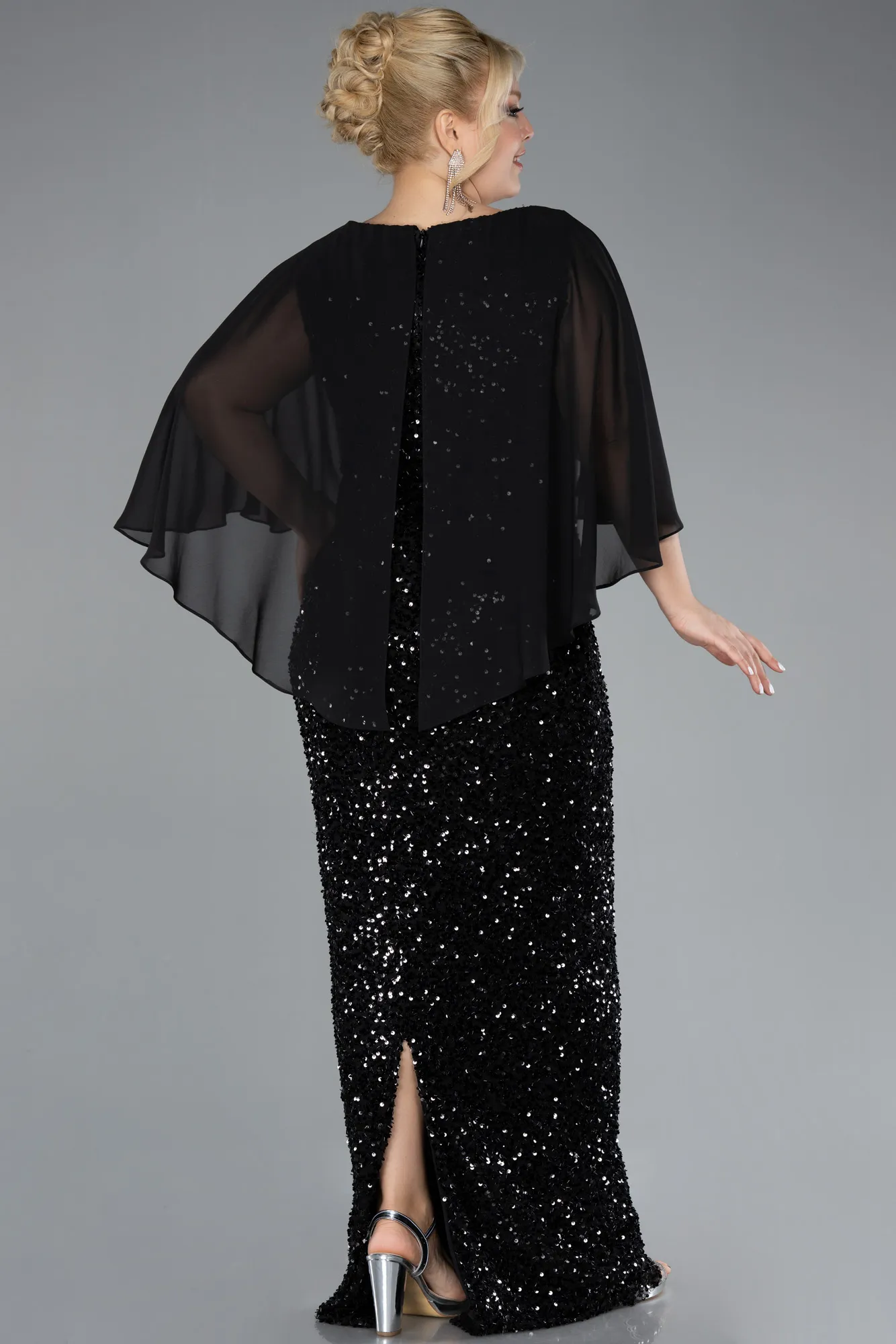 Black-Short Shawl Sleeve Long Scaly Plus Size Evening Gown ABU4354