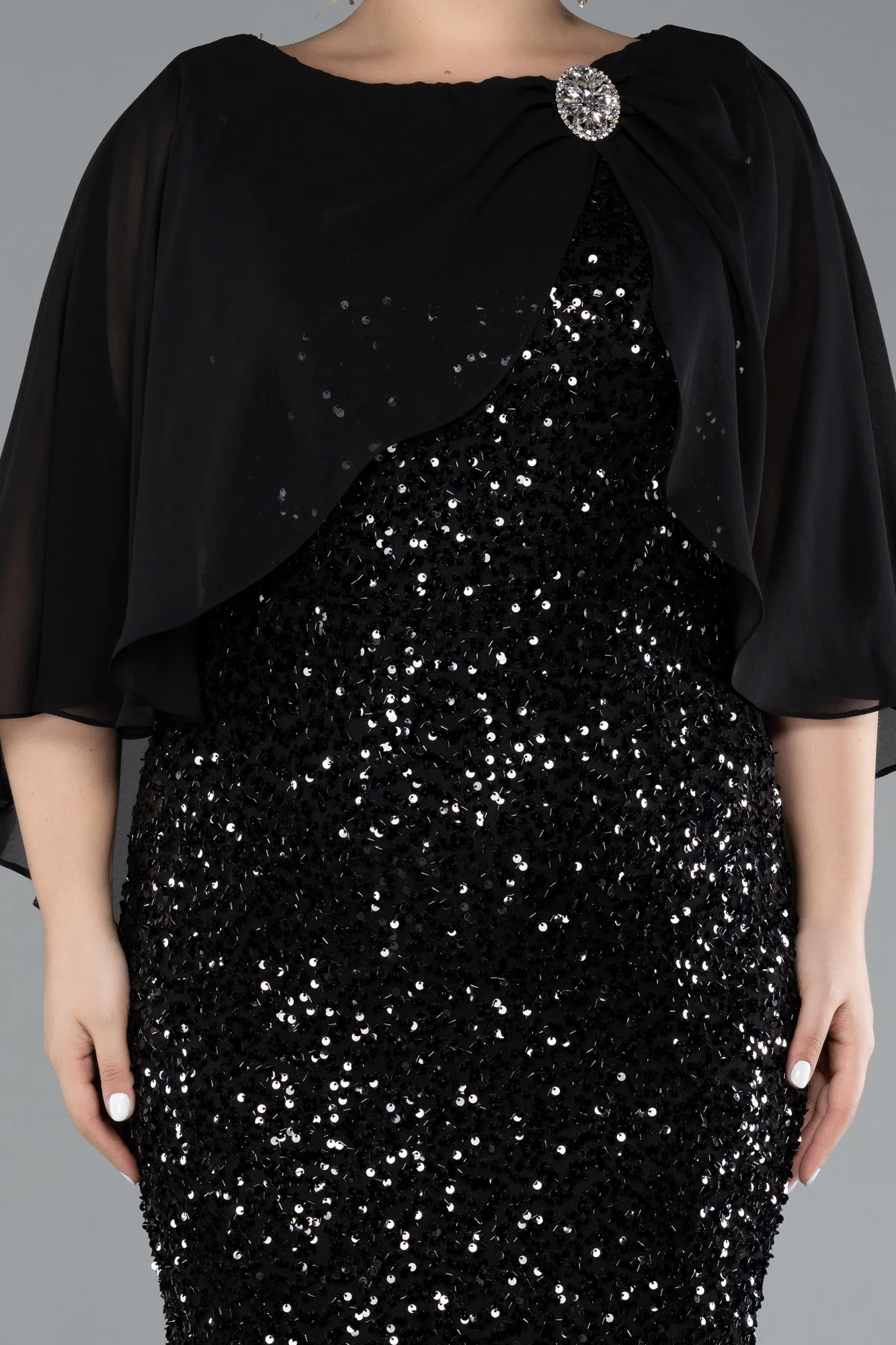 Black-Short Shawl Sleeve Long Scaly Plus Size Evening Gown ABU4354