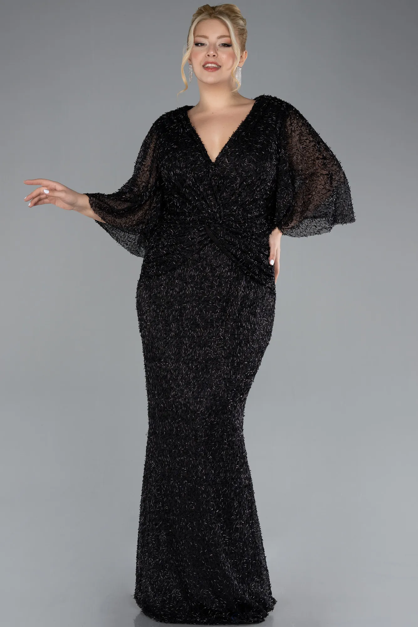 Black-Short Sleeve Beaded Long Plus Size Evening Gown ABU4390