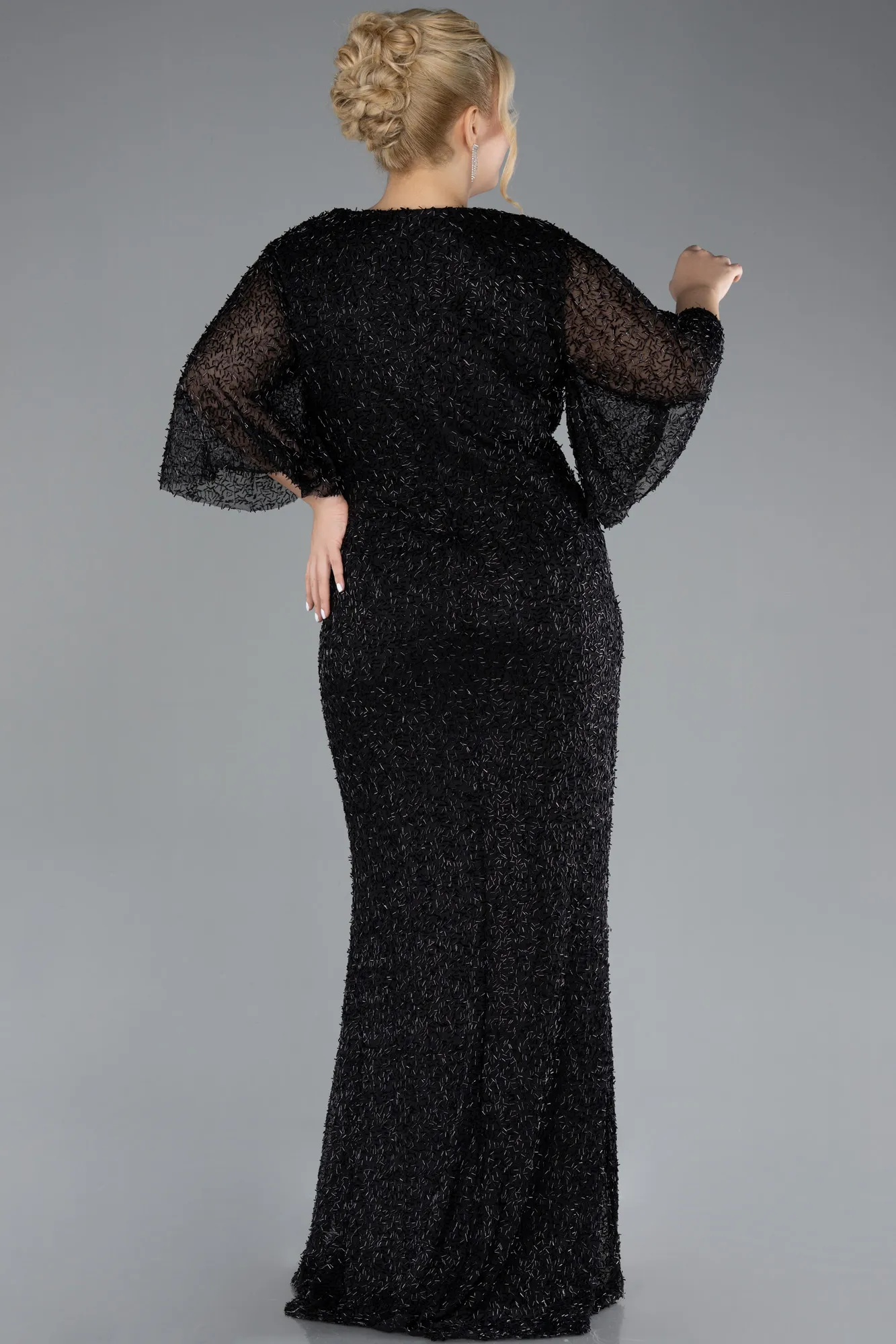 Black-Short Sleeve Beaded Long Plus Size Evening Gown ABU4390