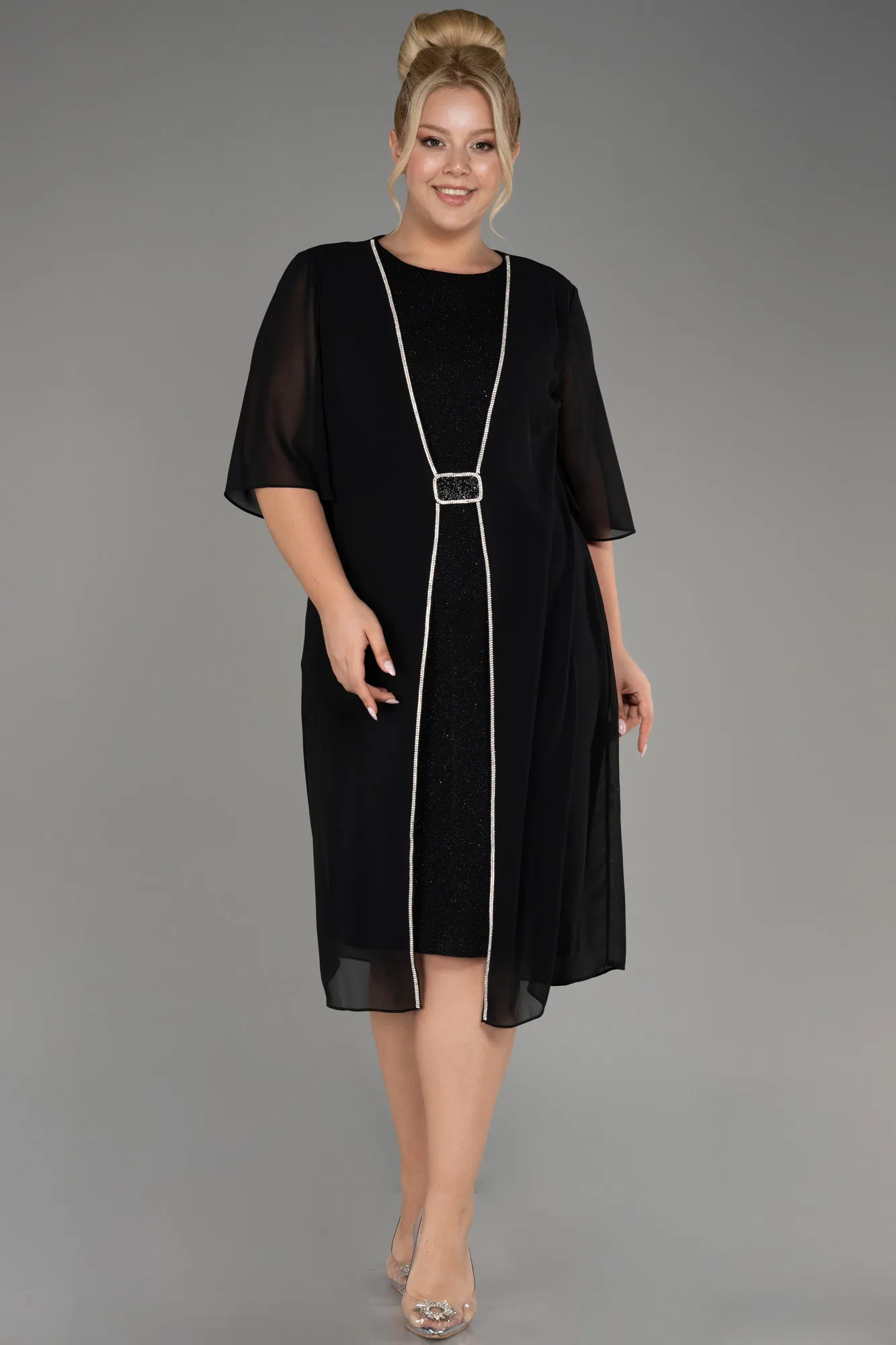 Black-Short Sleeve Chiffon Midi Plus Size Evening Dress ABK2108