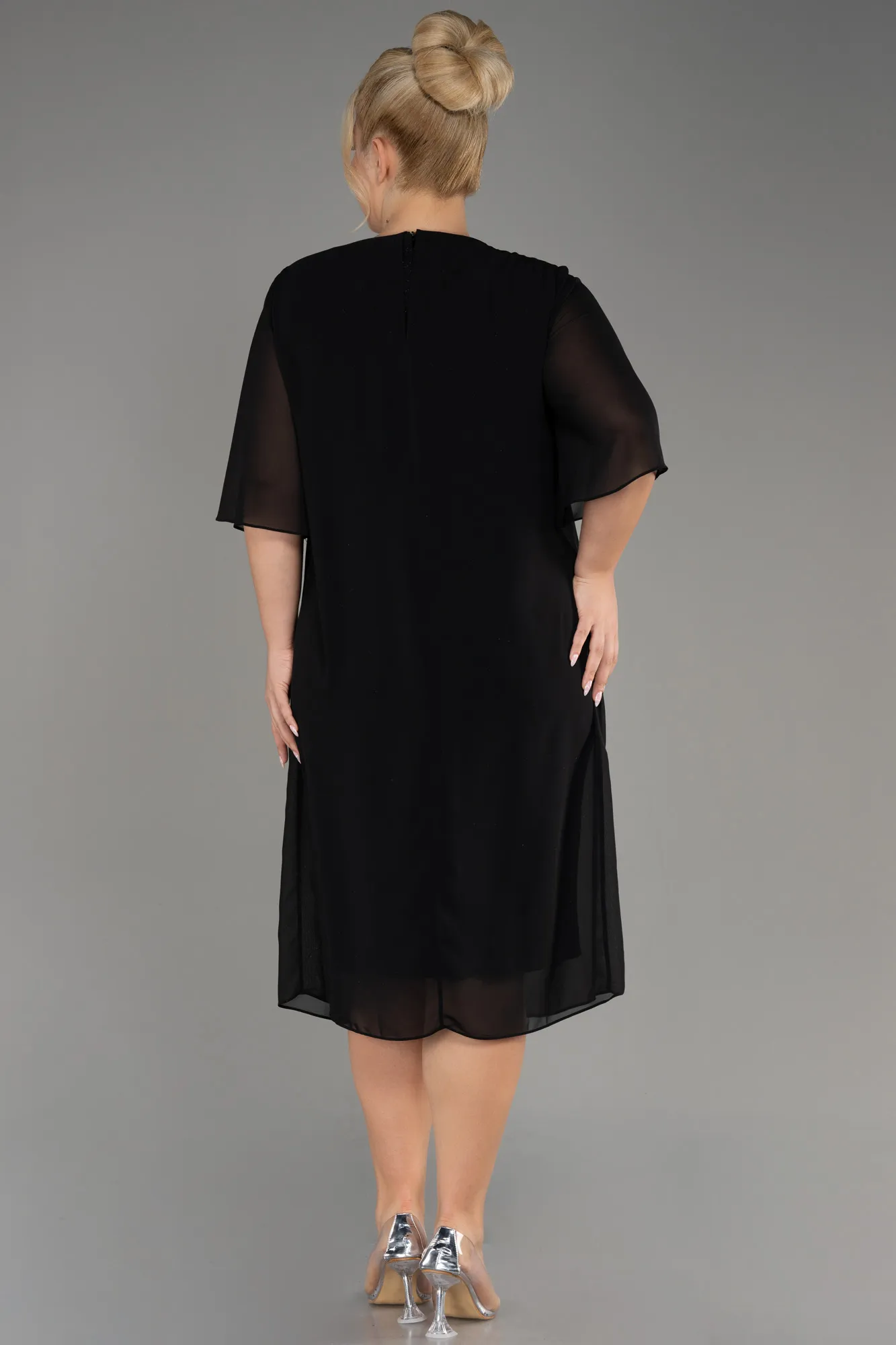 Black-Short Sleeve Chiffon Midi Plus Size Evening Dress ABK2108