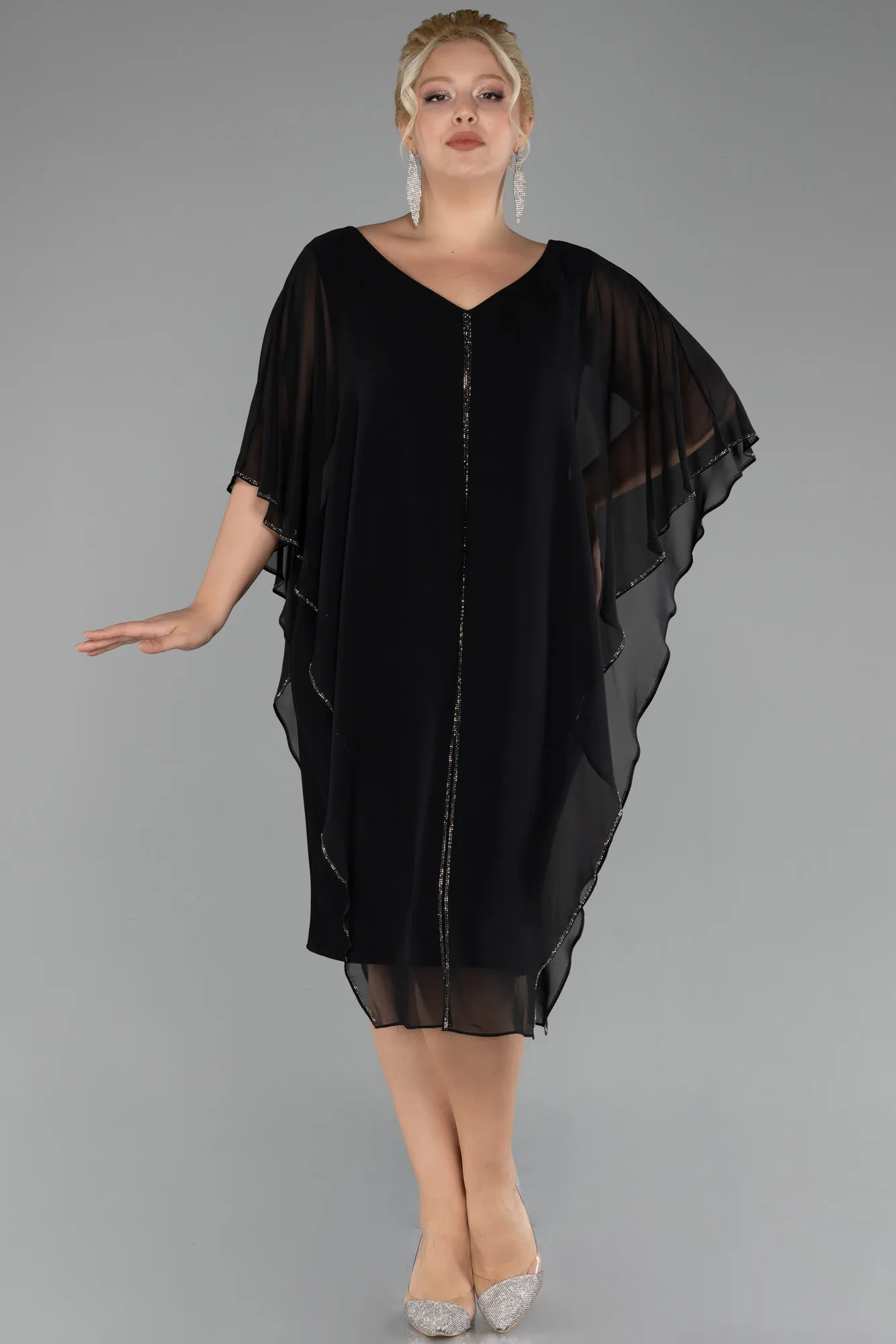 Black-Short Sleeve Chiffon Midi Plus Size Evening Dress ABK2134