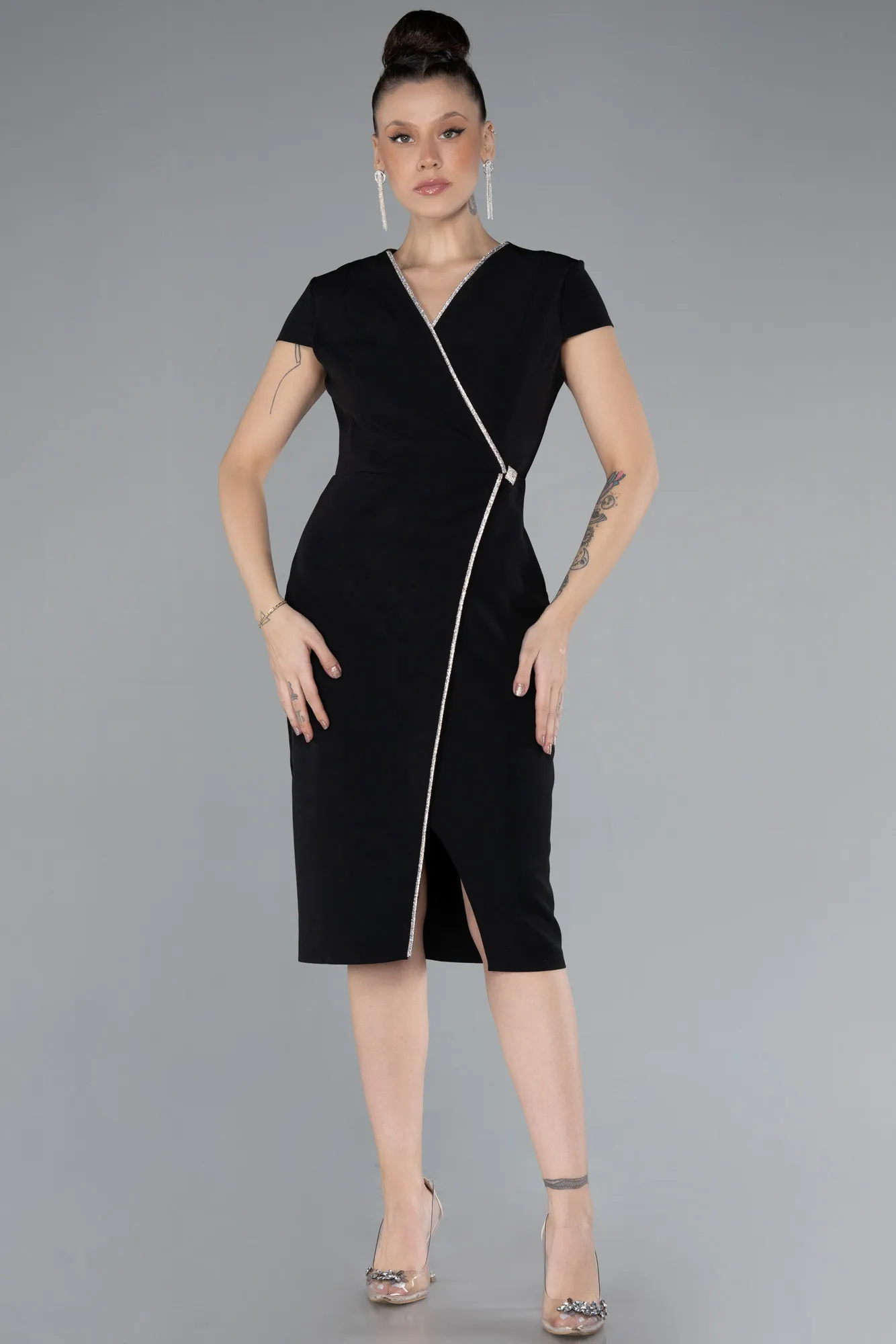 Black-Short Sleeve Double Breasted Collar Midi Cocktail Dress ABK2205