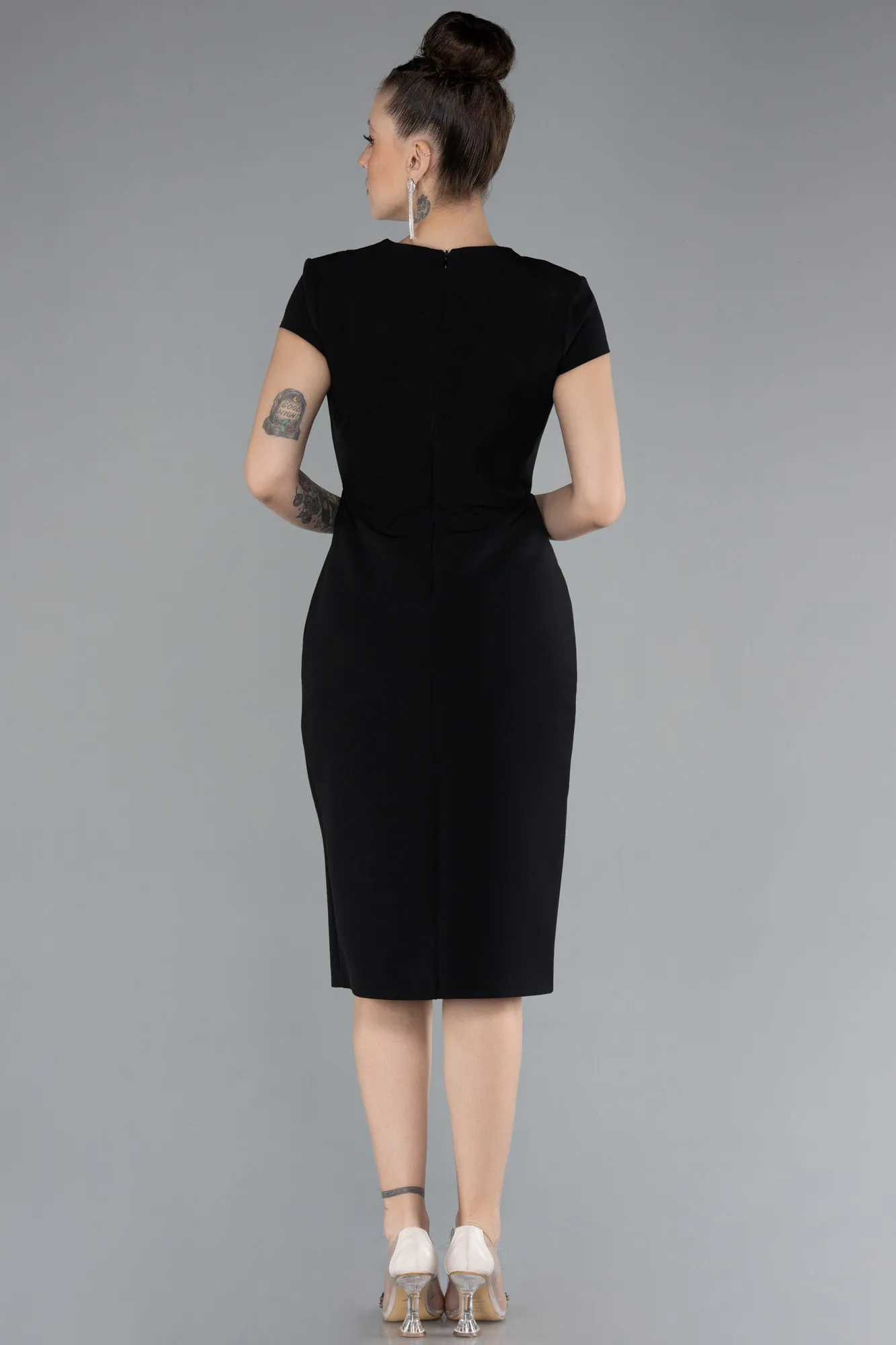 Black-Short Sleeve Double Breasted Collar Midi Cocktail Dress ABK2205