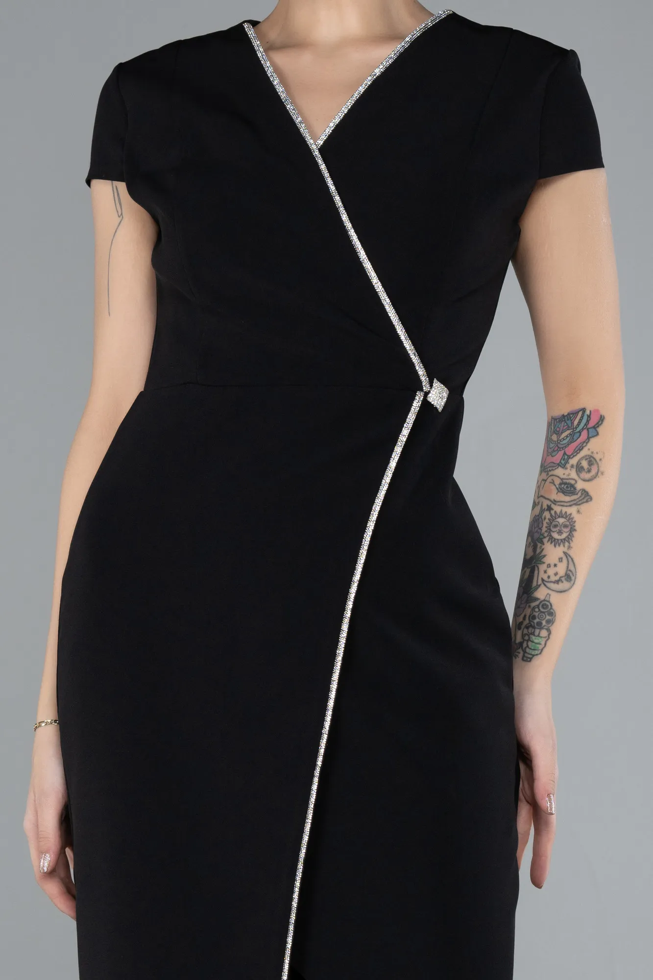 Black-Short Sleeve Double Breasted Collar Midi Cocktail Dress ABK2205