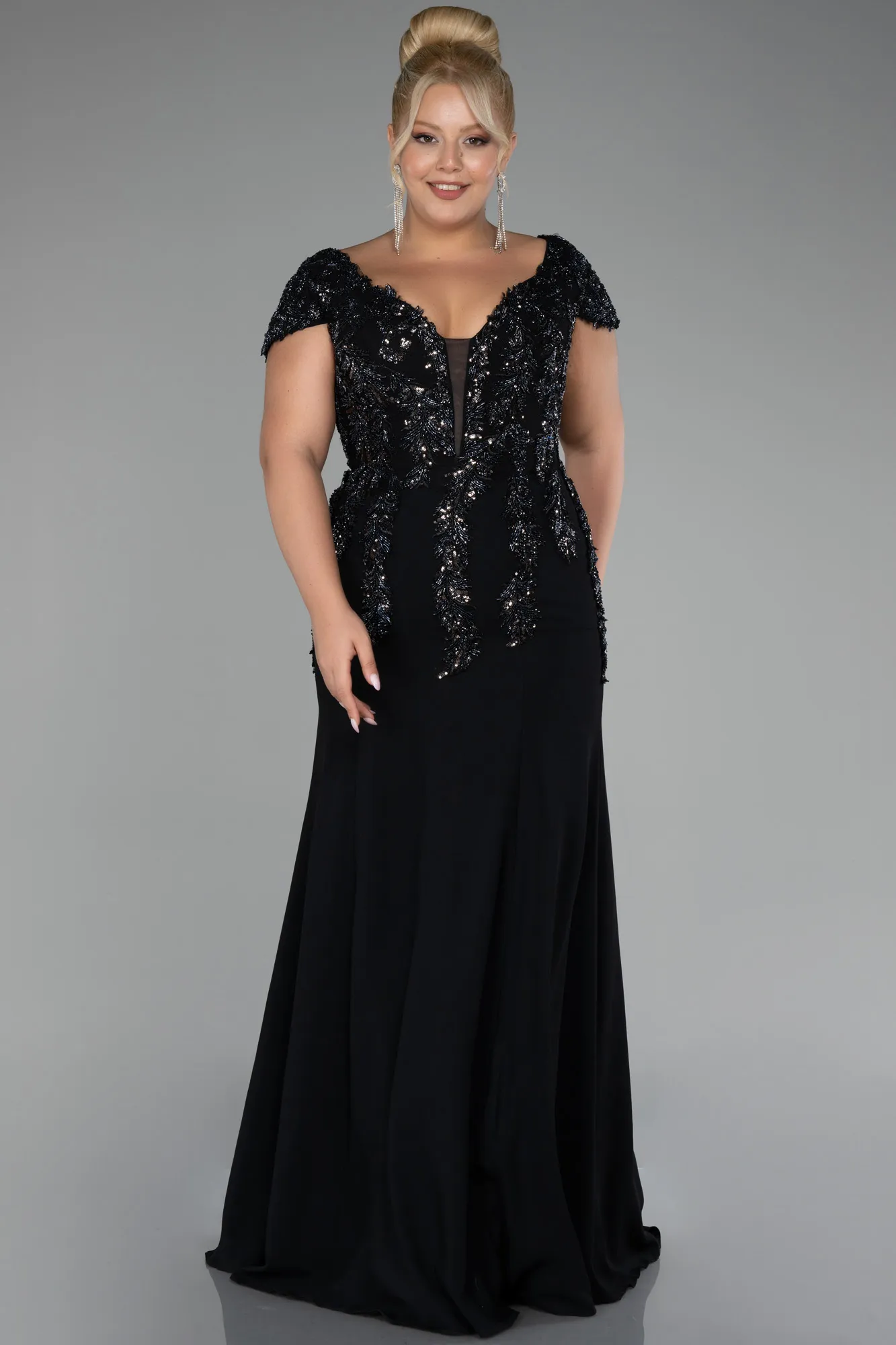 Black-Short Sleeve Embroidered Long Plus Size Evening Gown ABU4191