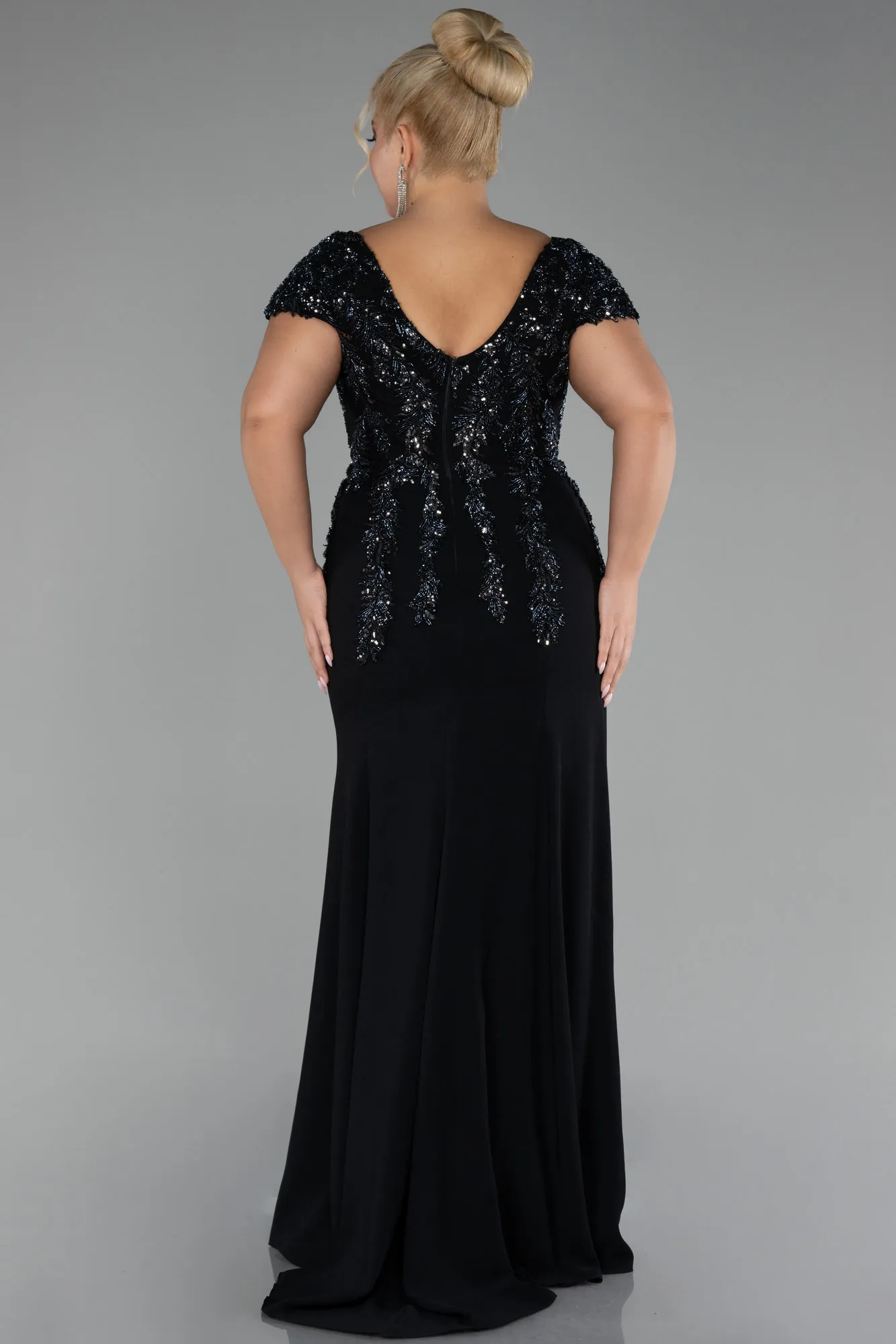 Black-Short Sleeve Embroidered Long Plus Size Evening Gown ABU4191