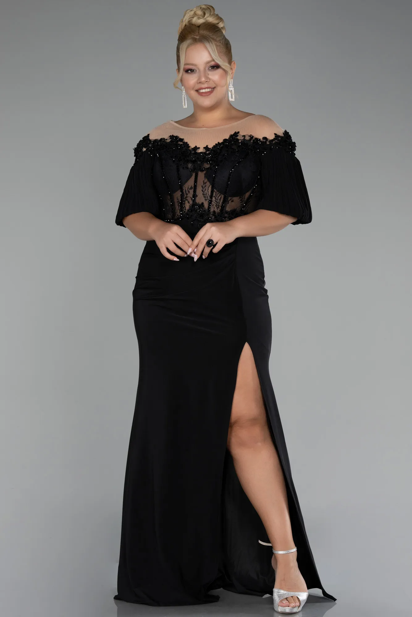 Black-Short Sleeve Embroidered Slit Long Plus Size Evening Gown ABU4100