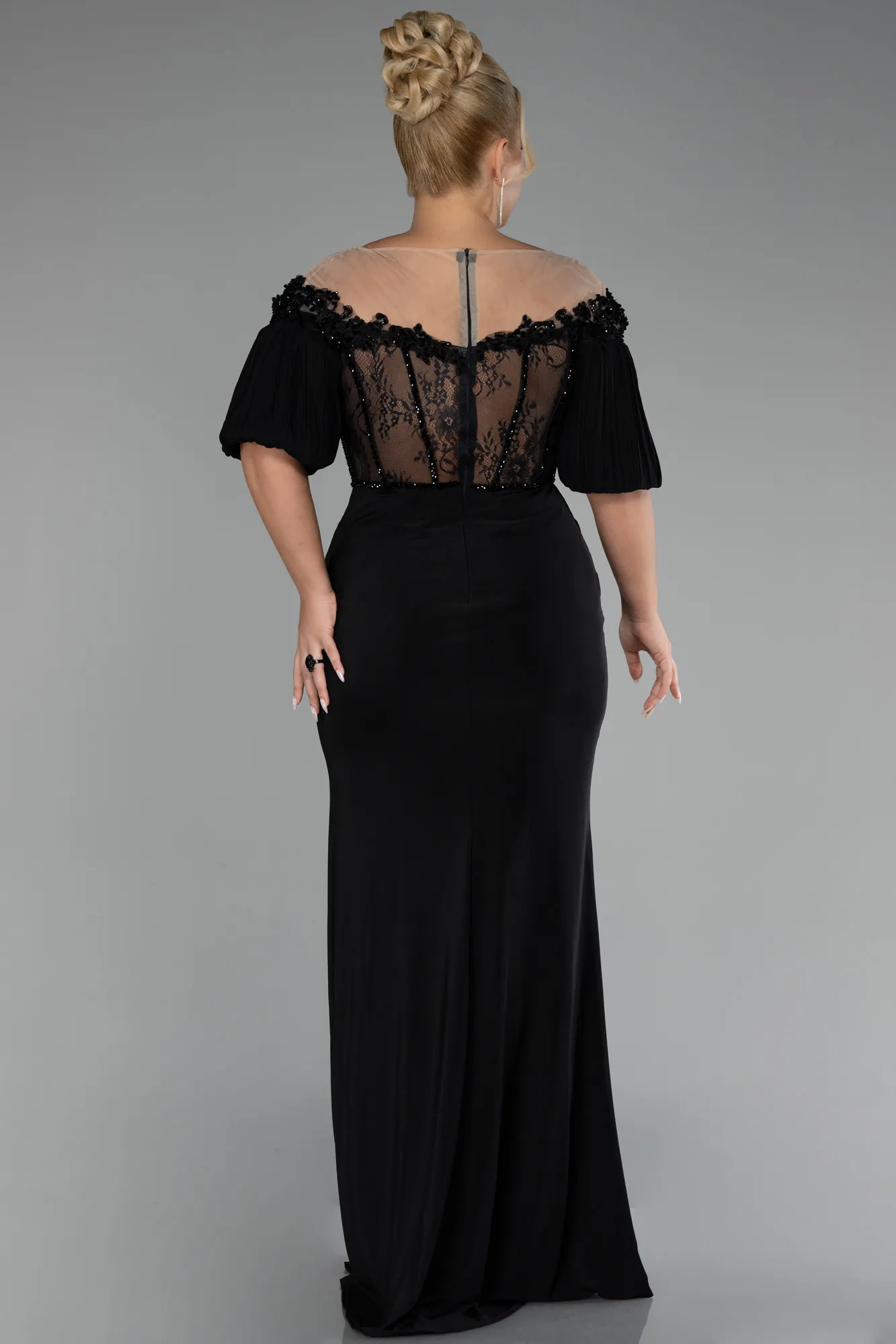 Black-Short Sleeve Embroidered Slit Long Plus Size Evening Gown ABU4100