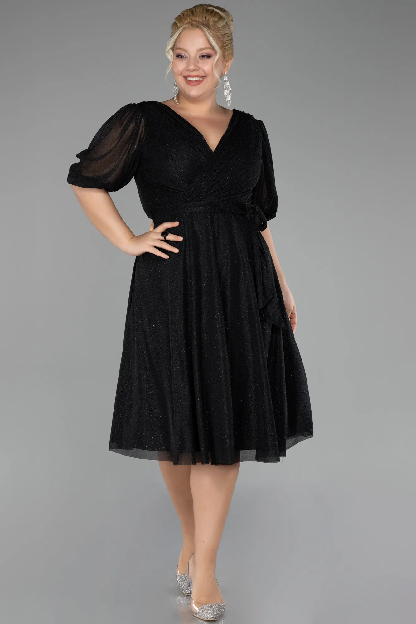 Black-Short Sleeve Glitter Midi Invitation Dress ABK2135