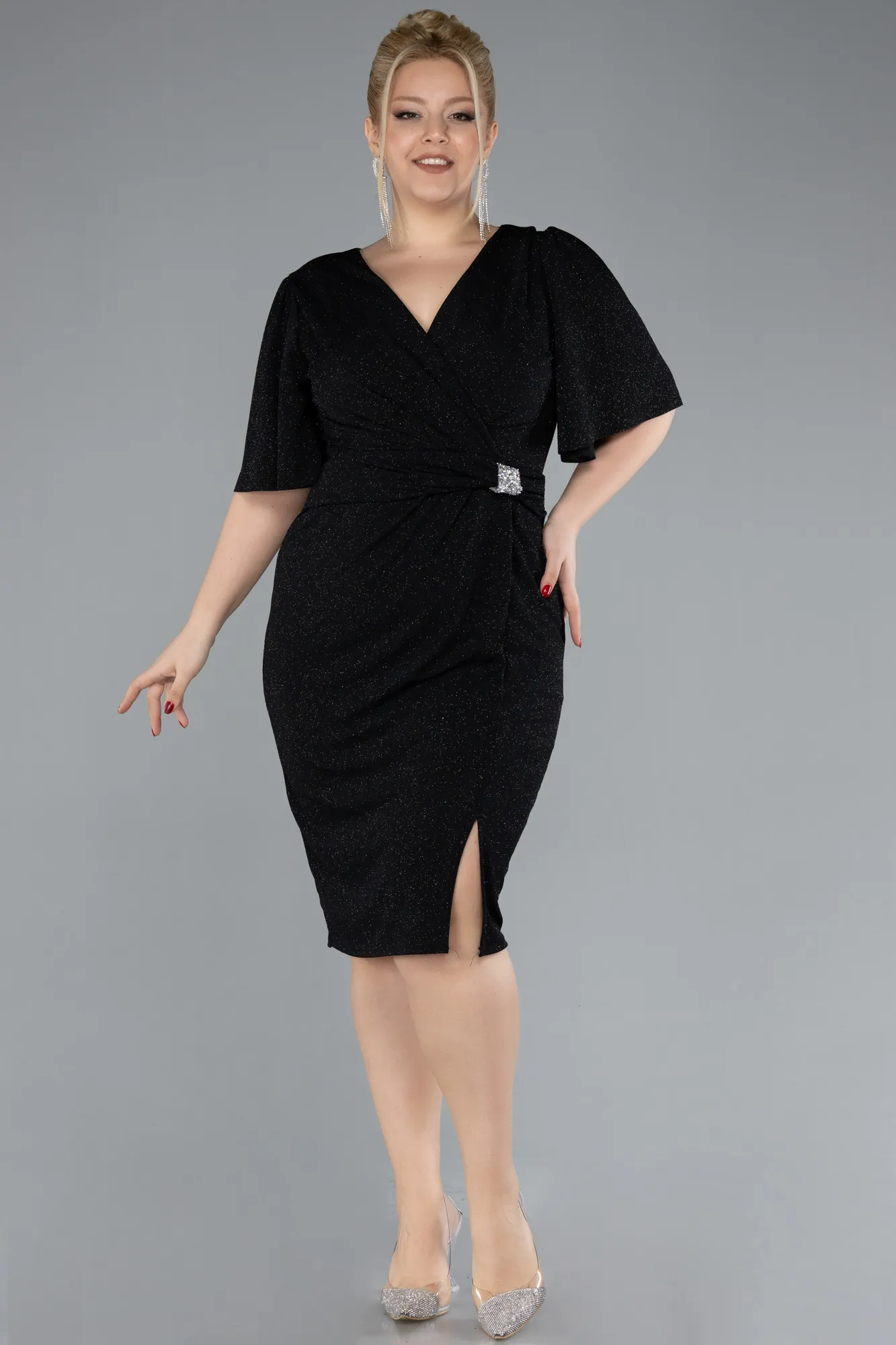 Black-Short Sleeve Glitter Midi Plus Size Cocktail Dress ABK2115