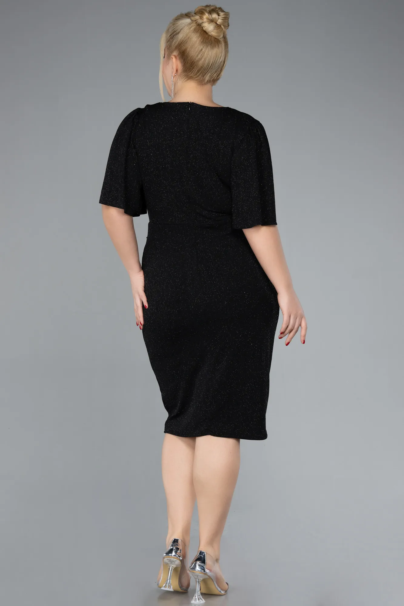 Black-Short Sleeve Glitter Midi Plus Size Cocktail Dress ABK2115