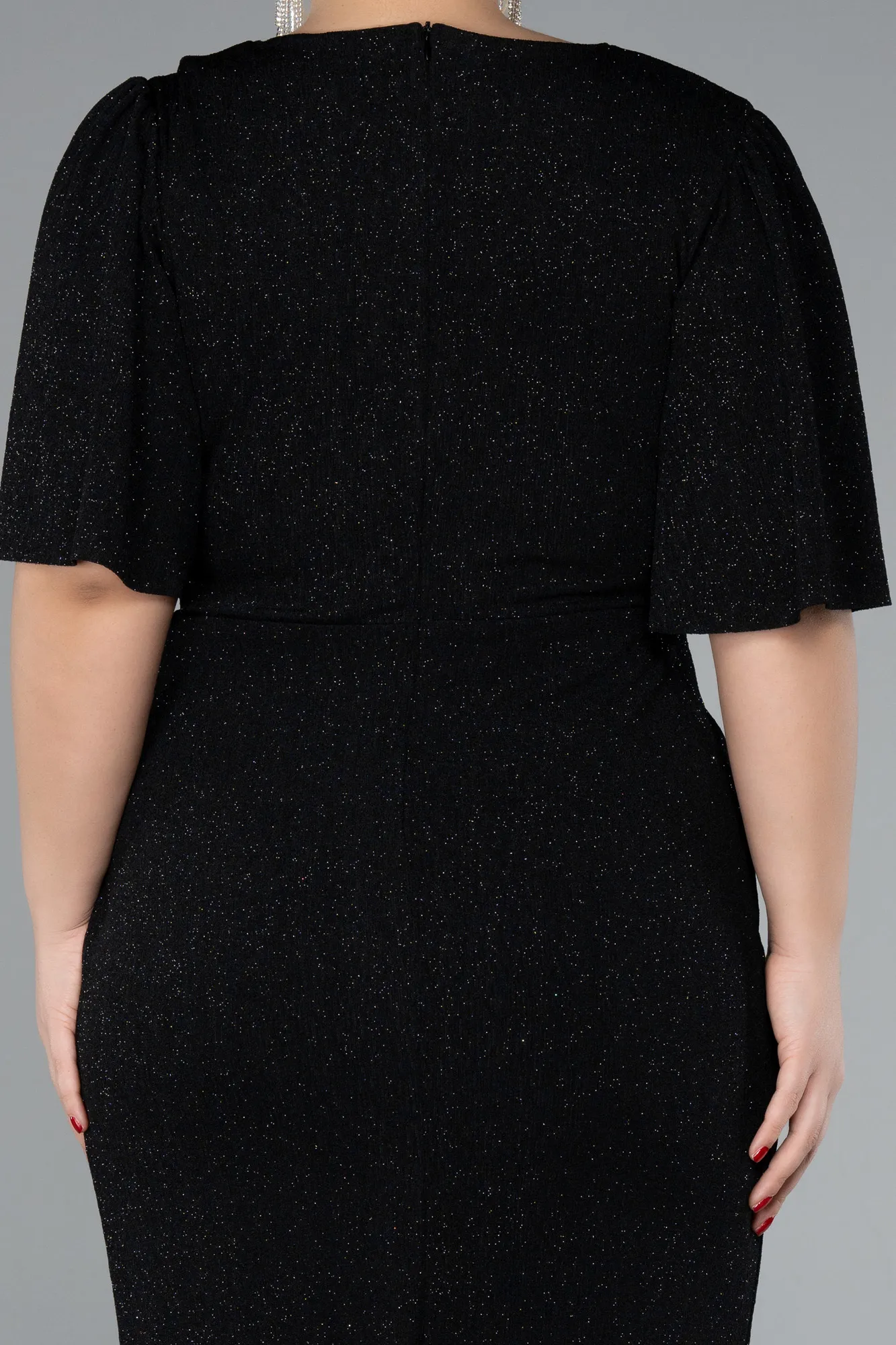 Black-Short Sleeve Glitter Midi Plus Size Cocktail Dress ABK2115