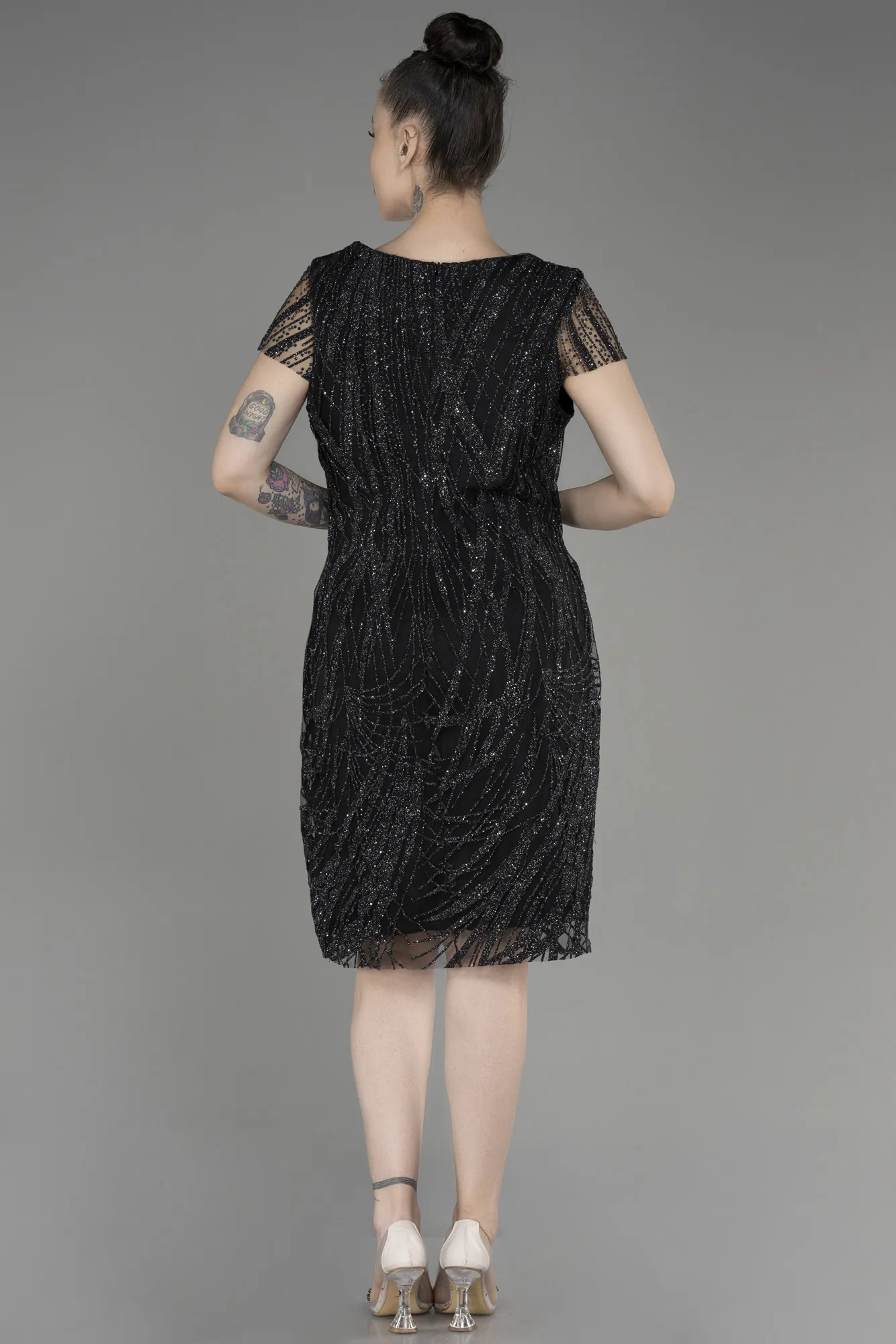 Black-Short Sleeve Glittery Plus Size Invitation Dress ABK2050