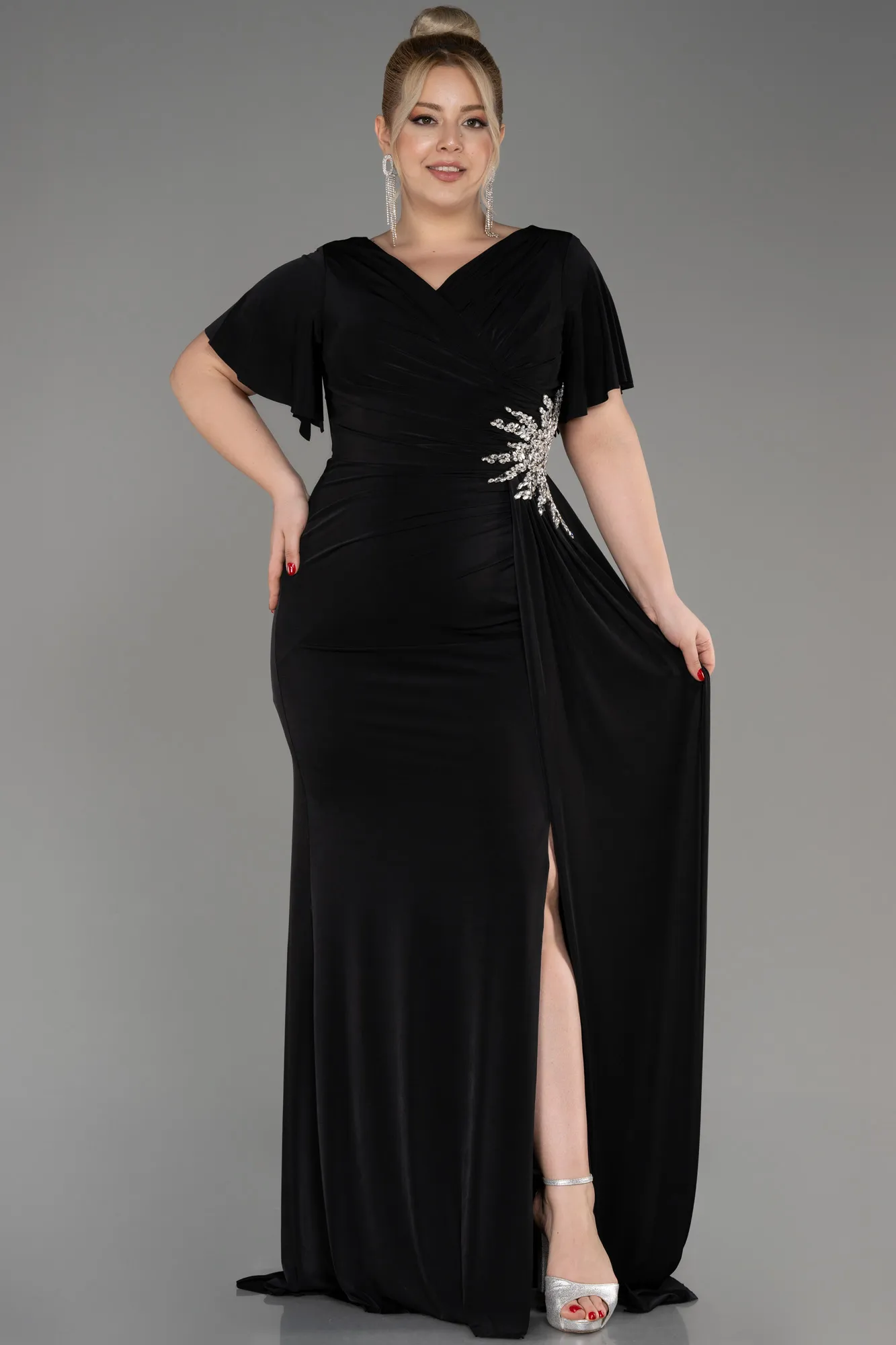 Black-Short Sleeve Long Plus Size Evening Dress ABU3918