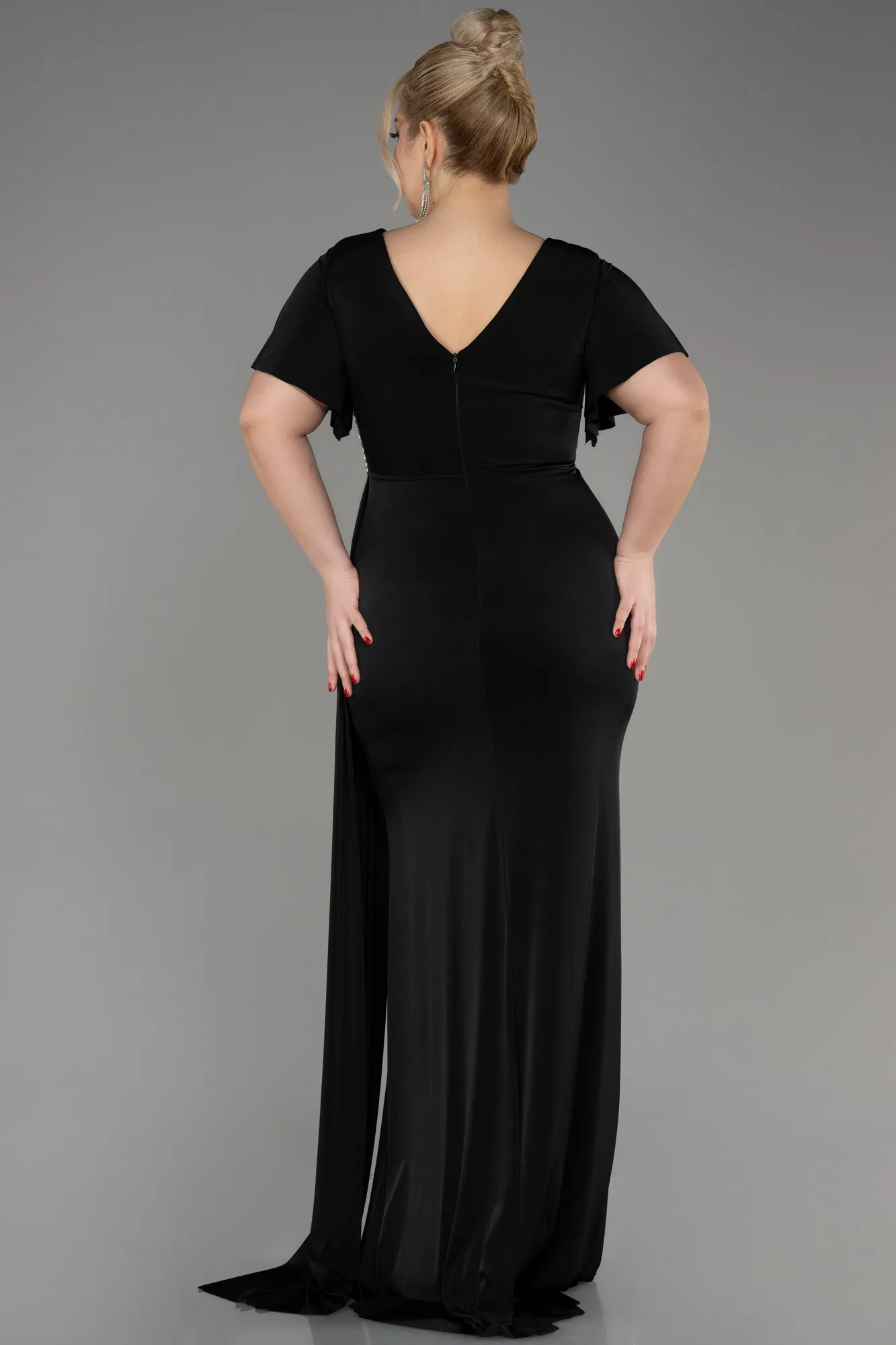 Black-Short Sleeve Long Plus Size Evening Dress ABU3918