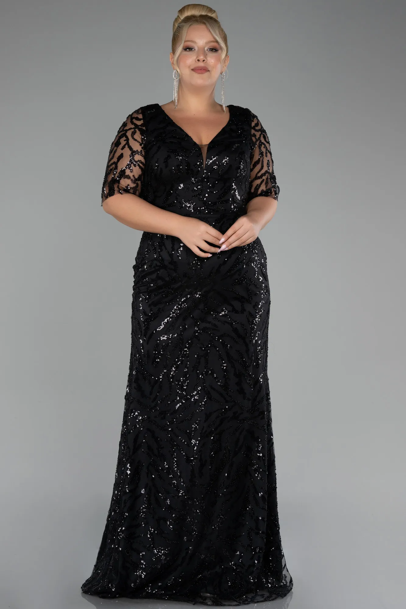 Black-Short Sleeve Long Scaly Plus Size Evening Gown ABU4201