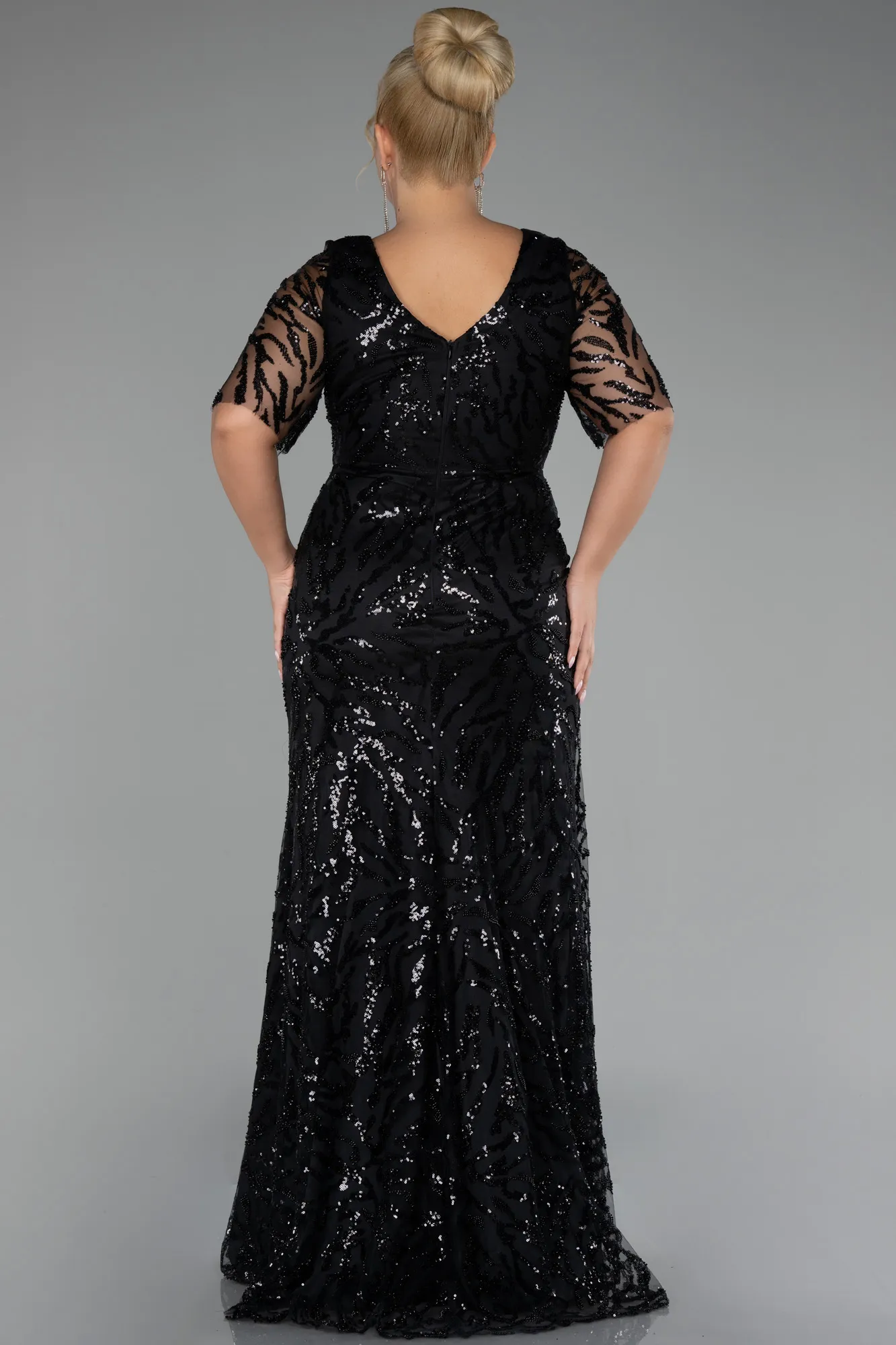 Black-Short Sleeve Long Scaly Plus Size Evening Gown ABU4201