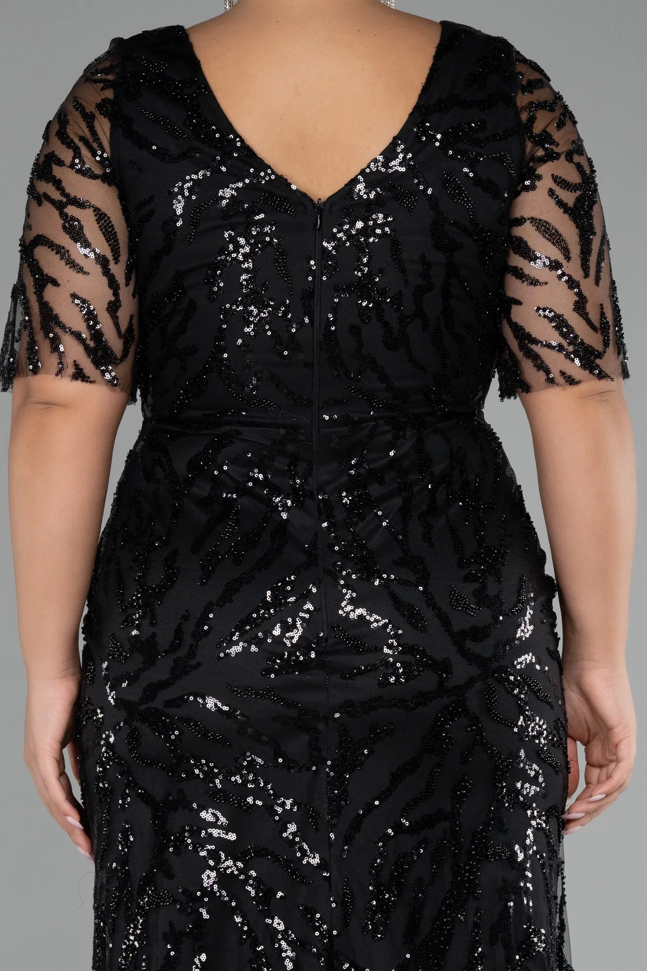 Black-Short Sleeve Long Scaly Plus Size Evening Gown ABU4201