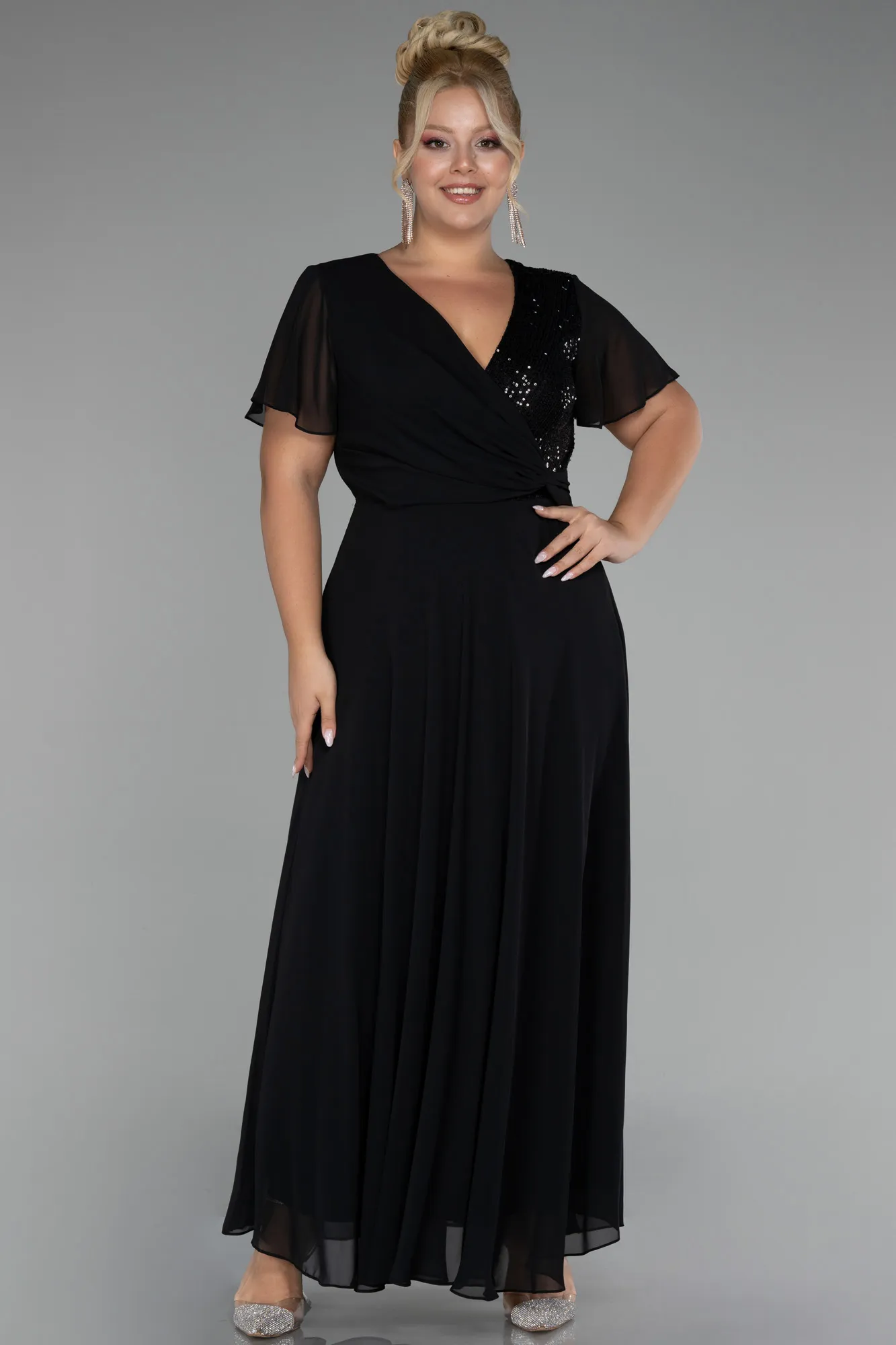 Black-Short Sleeve Midi Chiffon Plus Size Evening Dress ABU4098