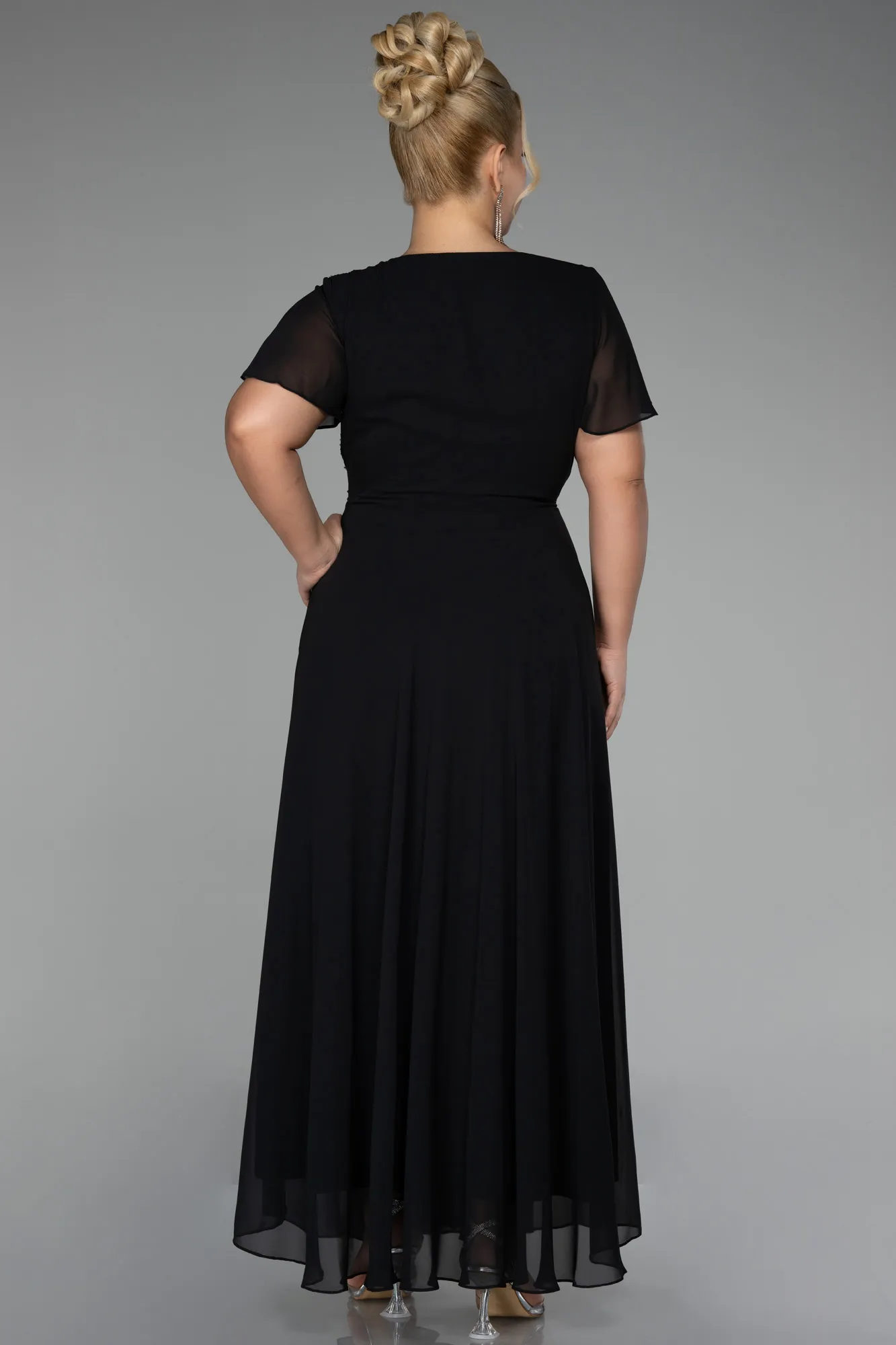 Black-Short Sleeve Midi Chiffon Plus Size Evening Dress ABU4098