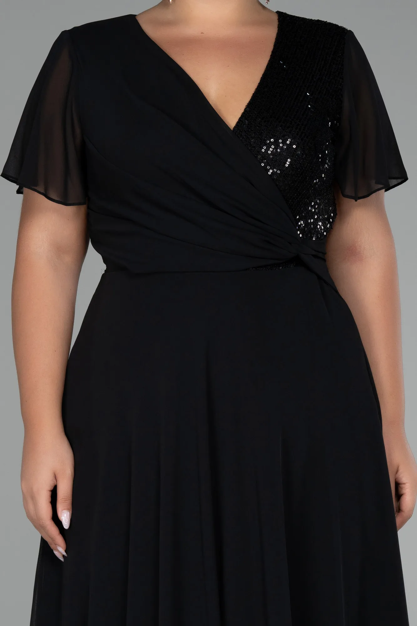 Black-Short Sleeve Midi Chiffon Plus Size Evening Dress ABU4098