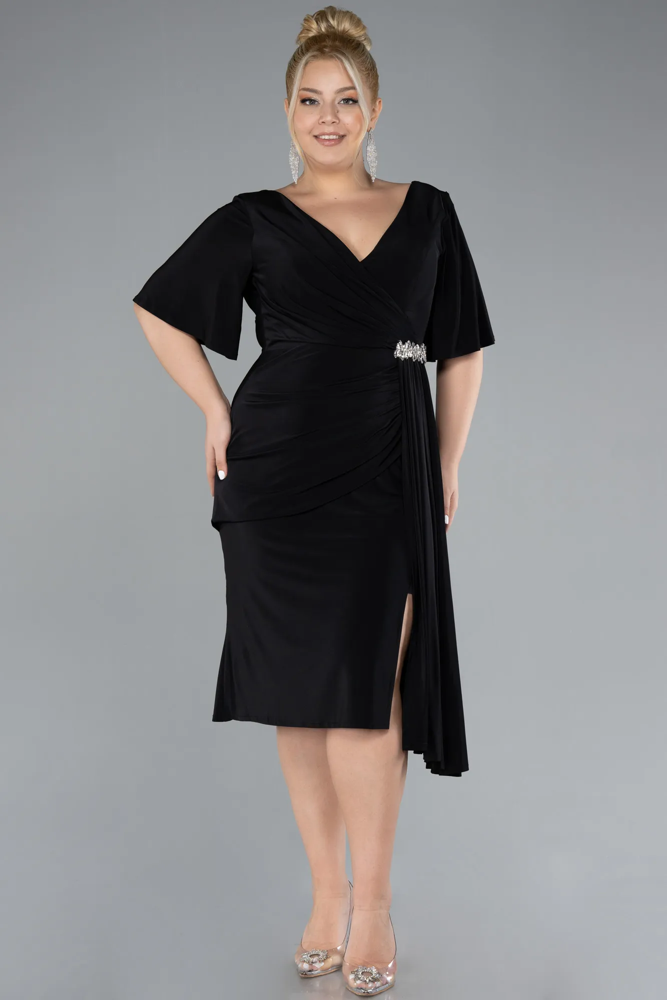 Black-Short Sleeve Midi Cocktail Dress ABK2162