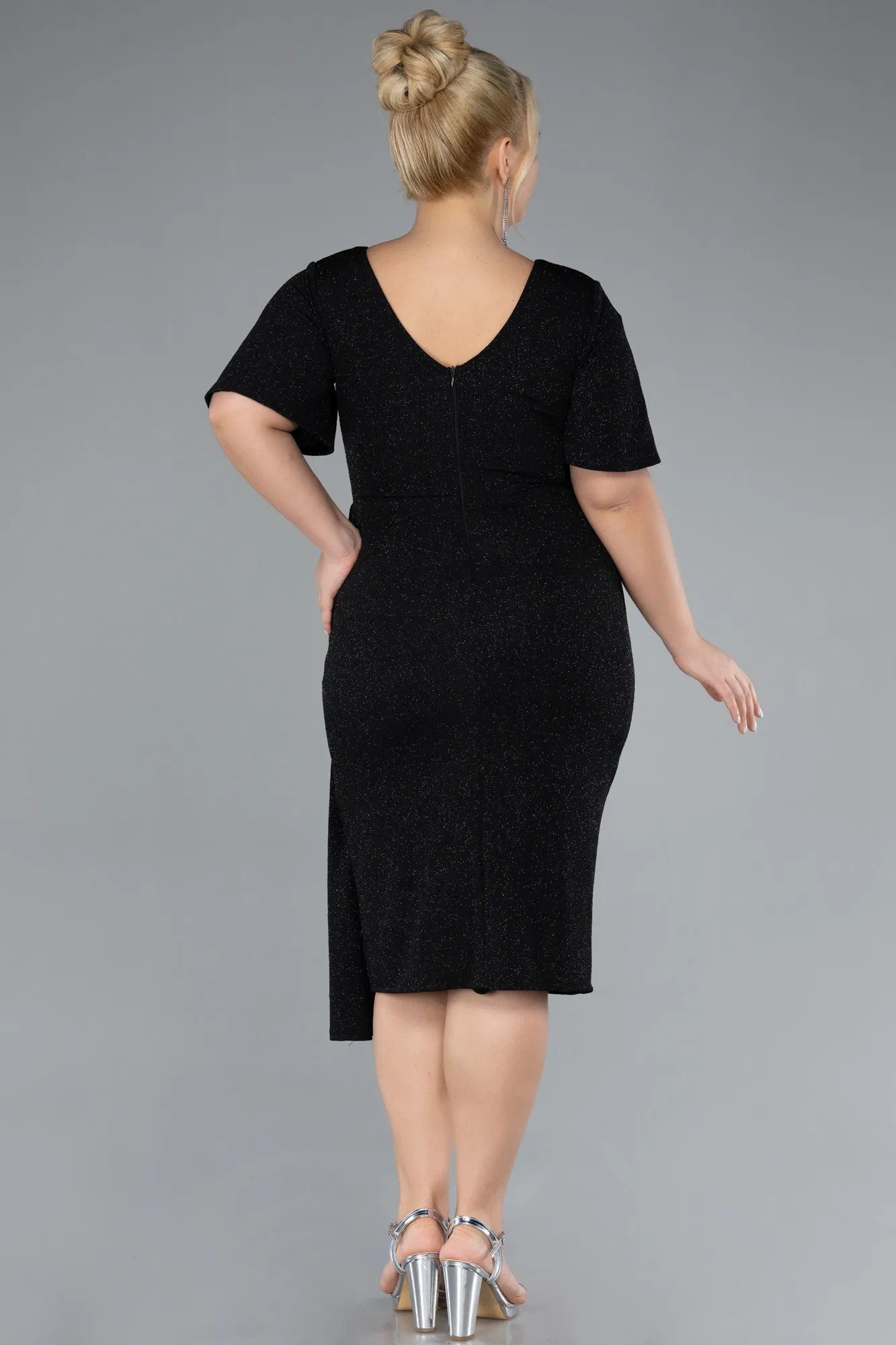 Black-Short Sleeve Midi Glittery Plus Size Cocktail Dress ABK2146