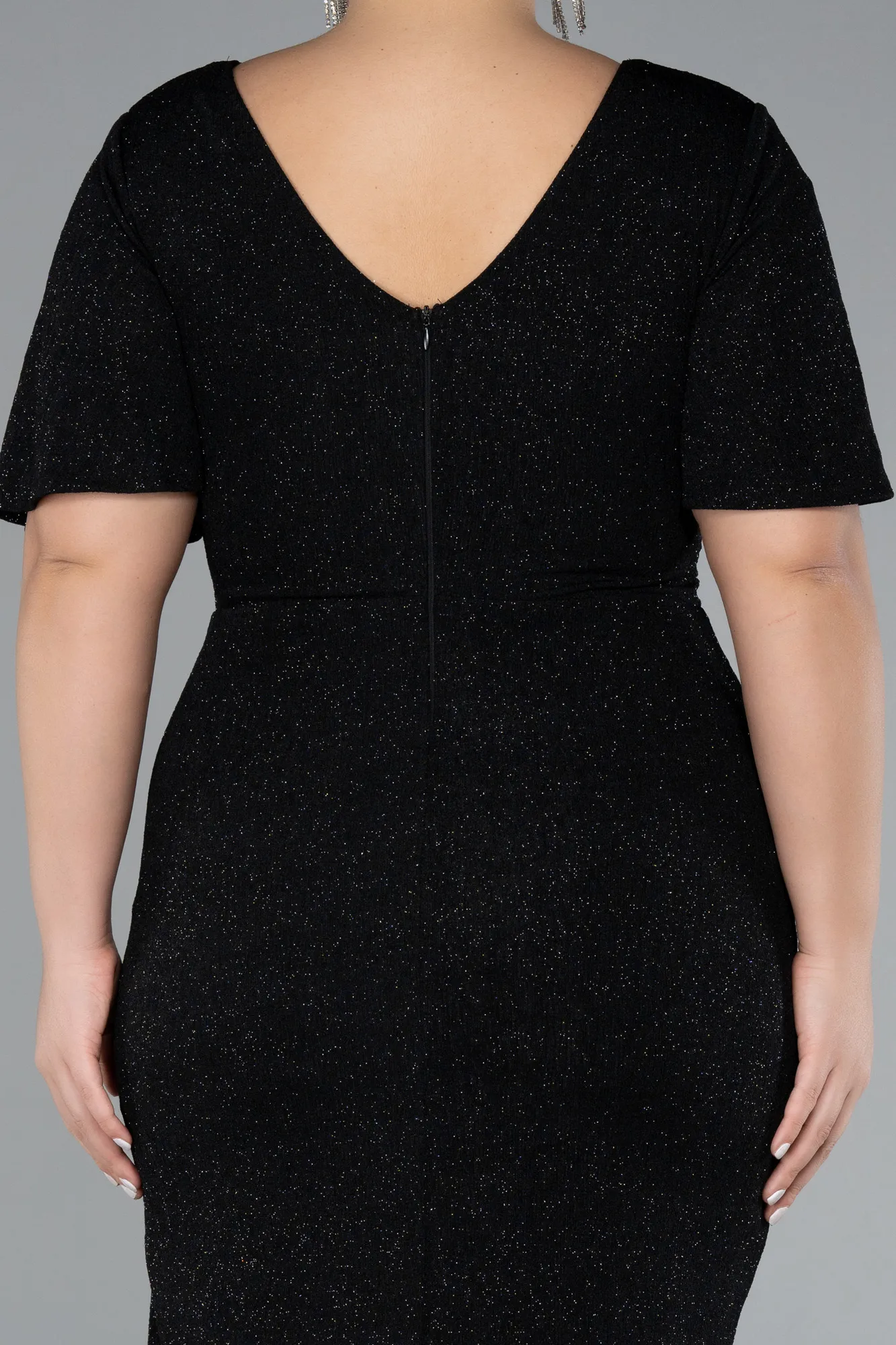 Black-Short Sleeve Midi Glittery Plus Size Cocktail Dress ABK2146