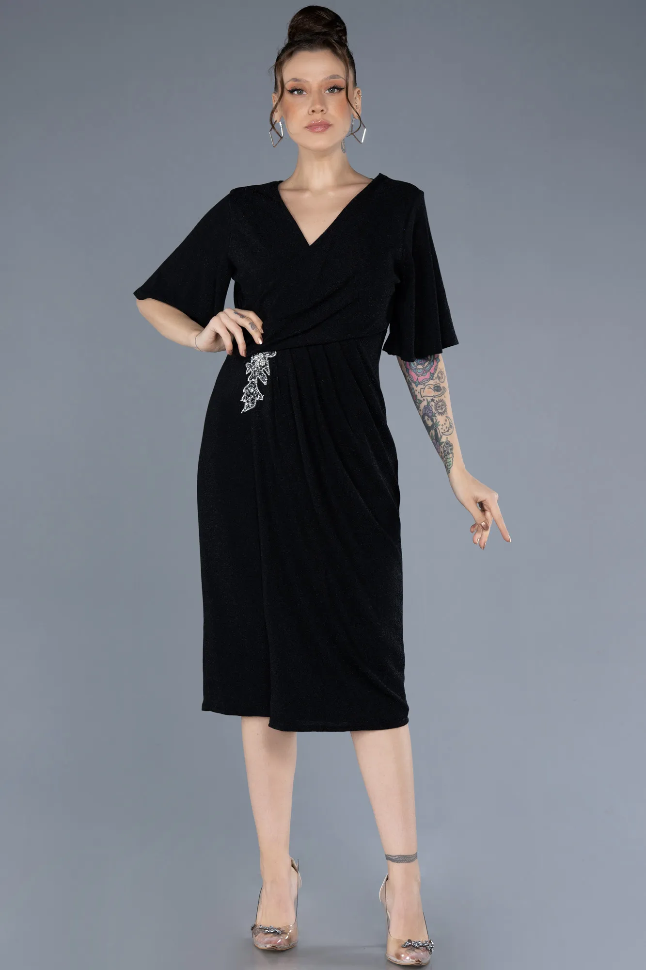 Black-Short Sleeve Midi Glittery Plus Size Invitation Dress ABK2224