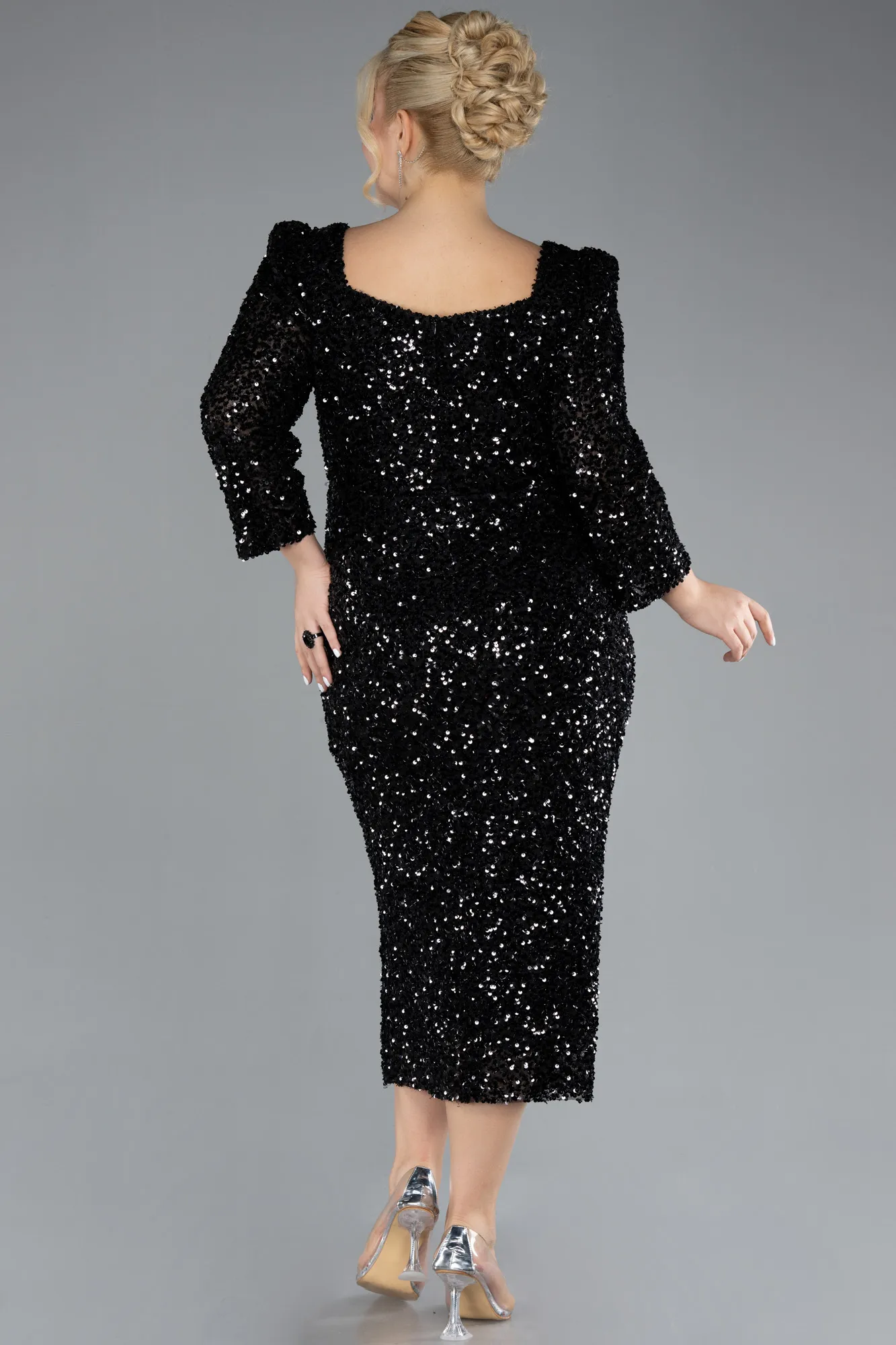 Black-Short Sleeve Midi Scaly Evening Dress ABK2172