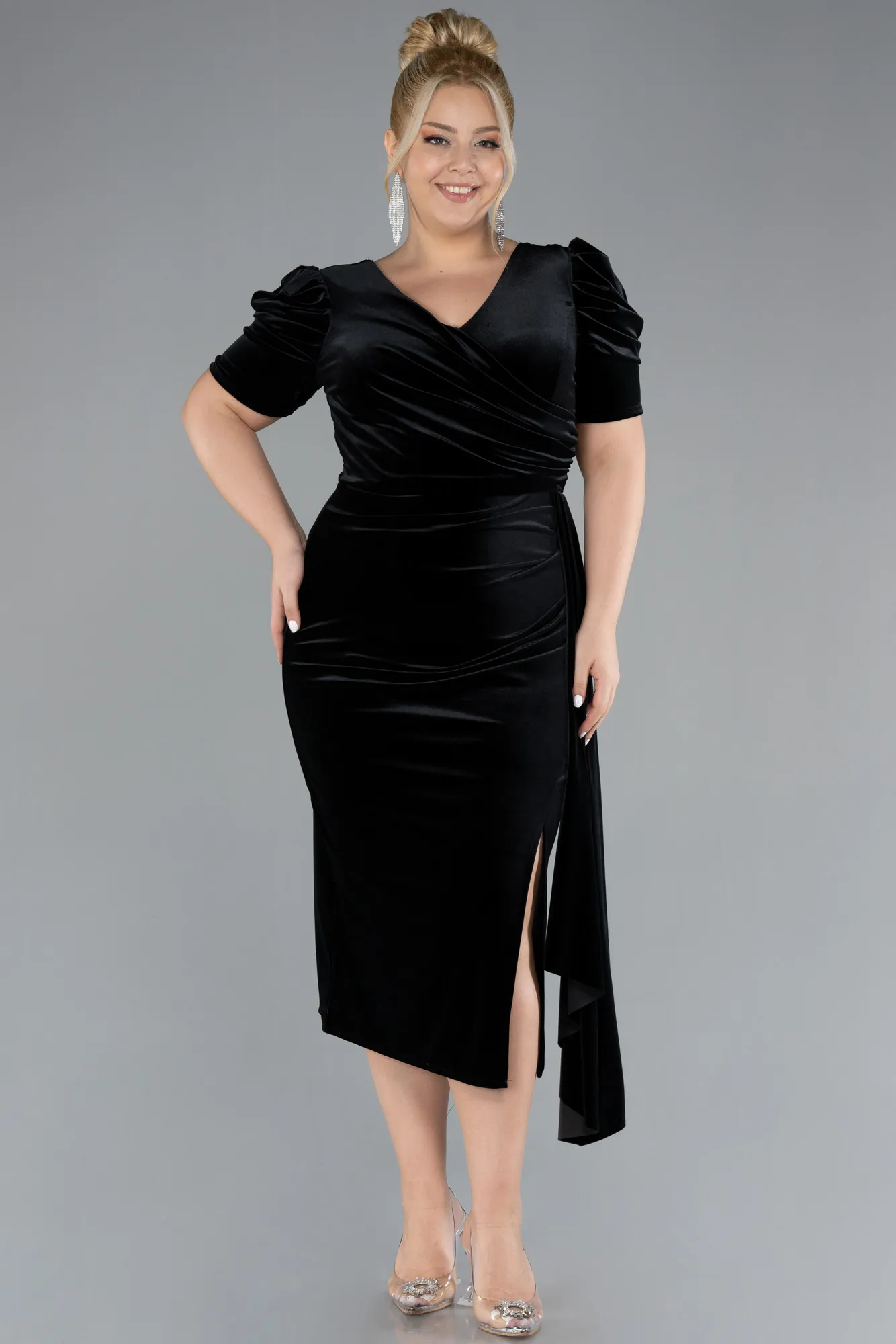 Black-Short Sleeve Midi Velvet Invitation Dress ABK2163