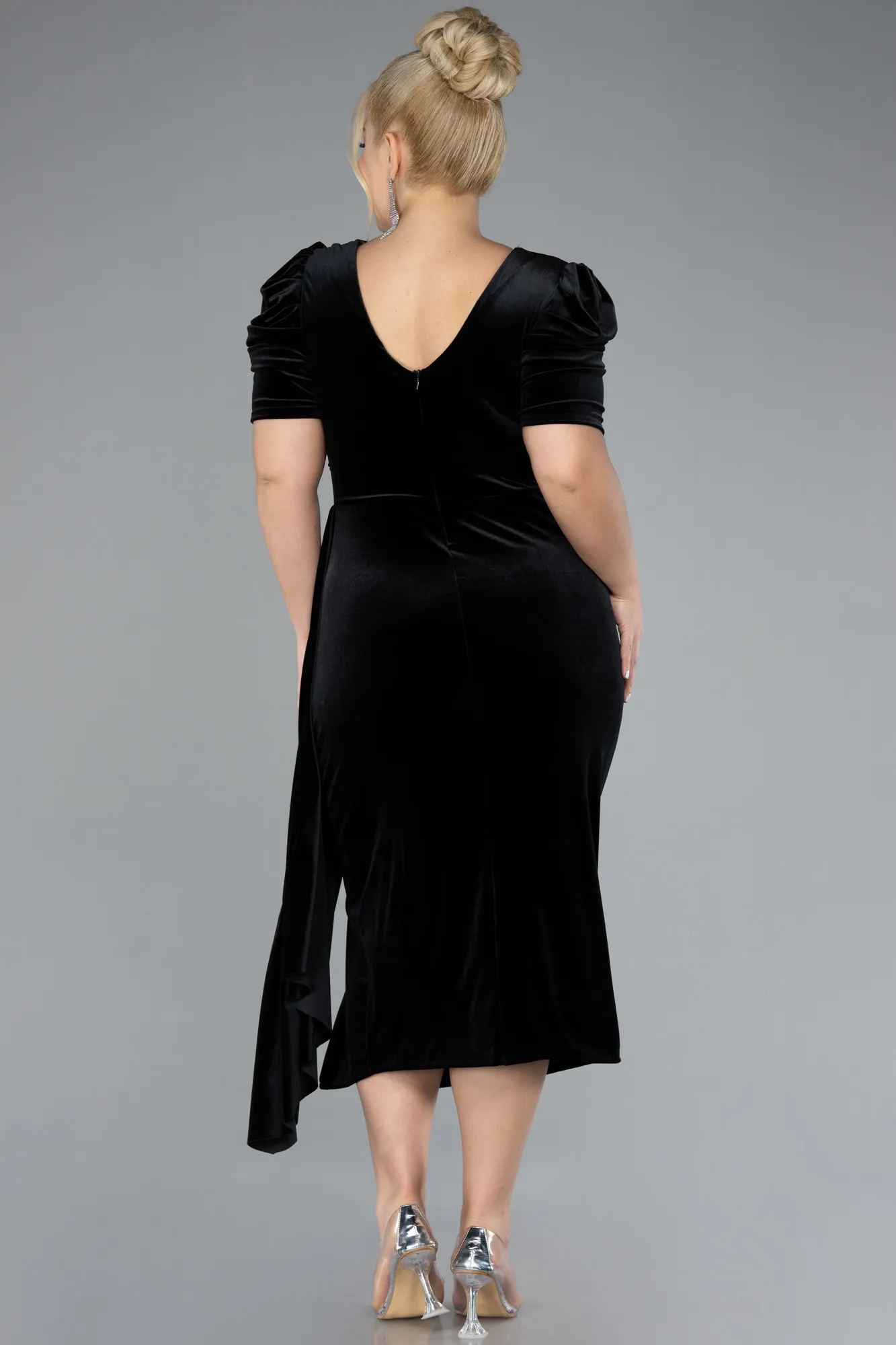 Black-Short Sleeve Midi Velvet Invitation Dress ABK2163