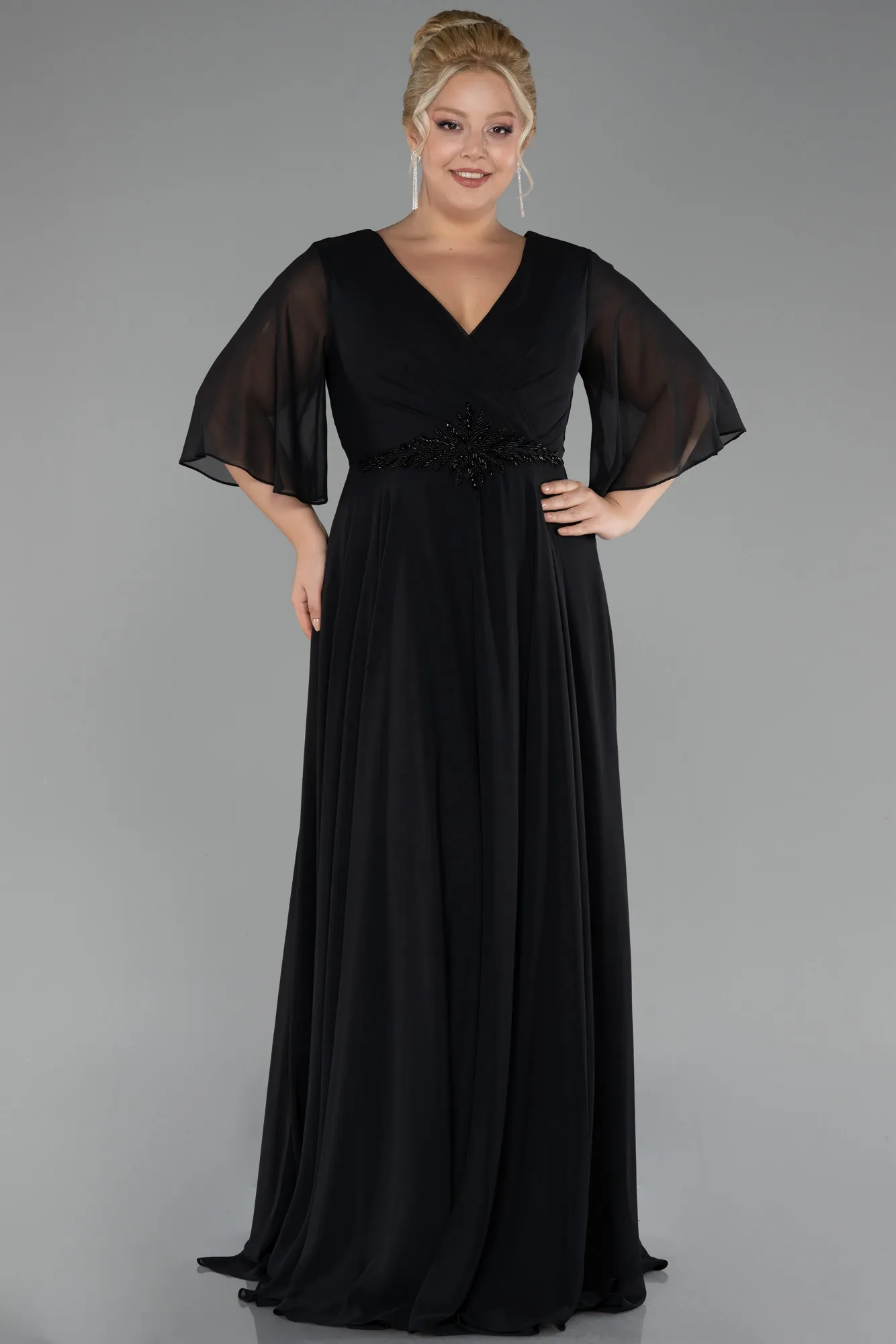 Black-Short Sleeve Plus Size Long Chiffon Evening Dress ABU3991