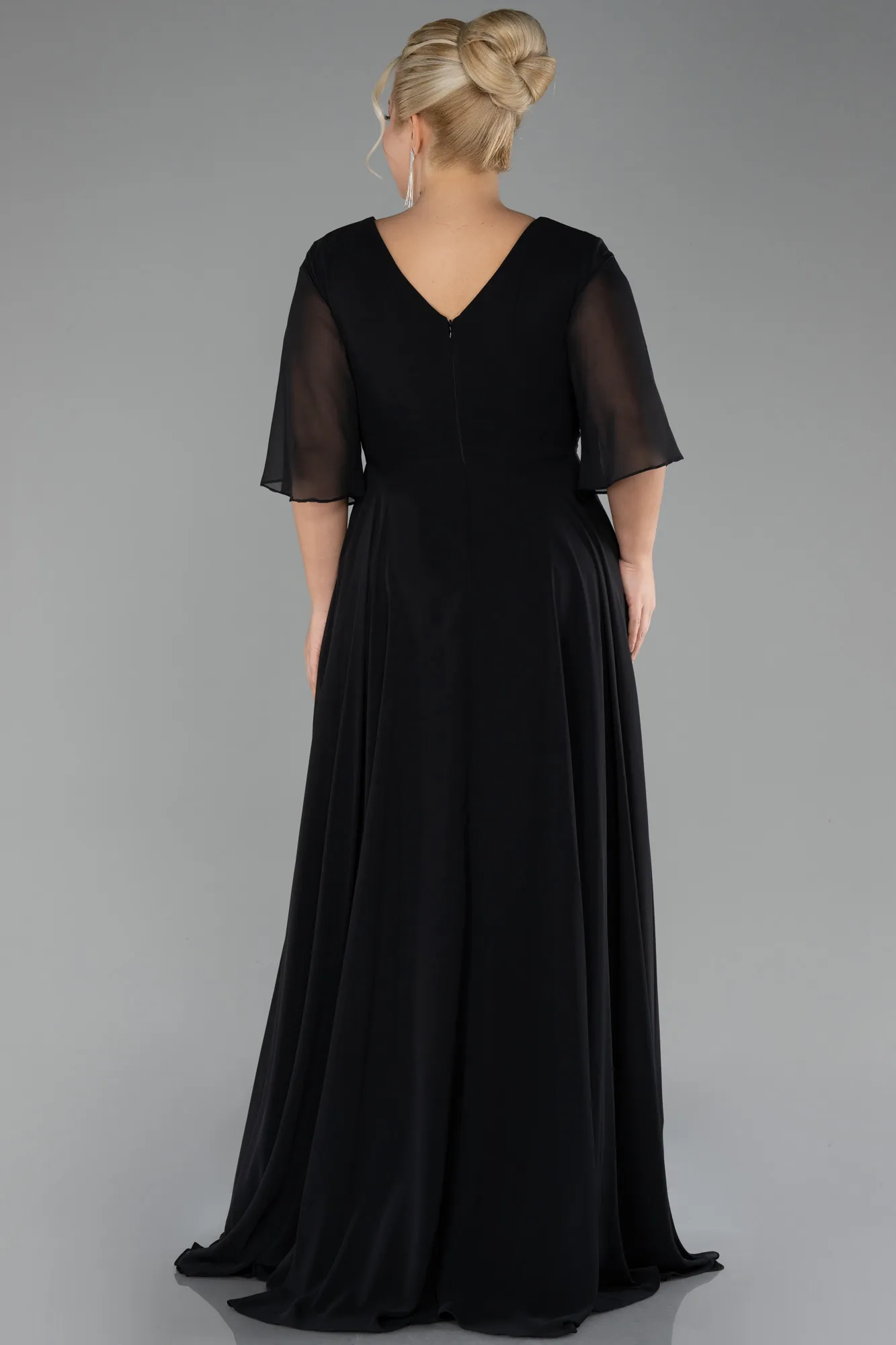 Black-Short Sleeve Plus Size Long Chiffon Evening Dress ABU3991