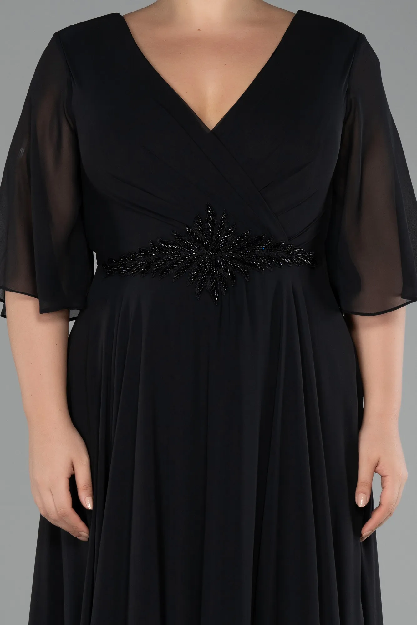 Black-Short Sleeve Plus Size Long Chiffon Evening Dress ABU3991