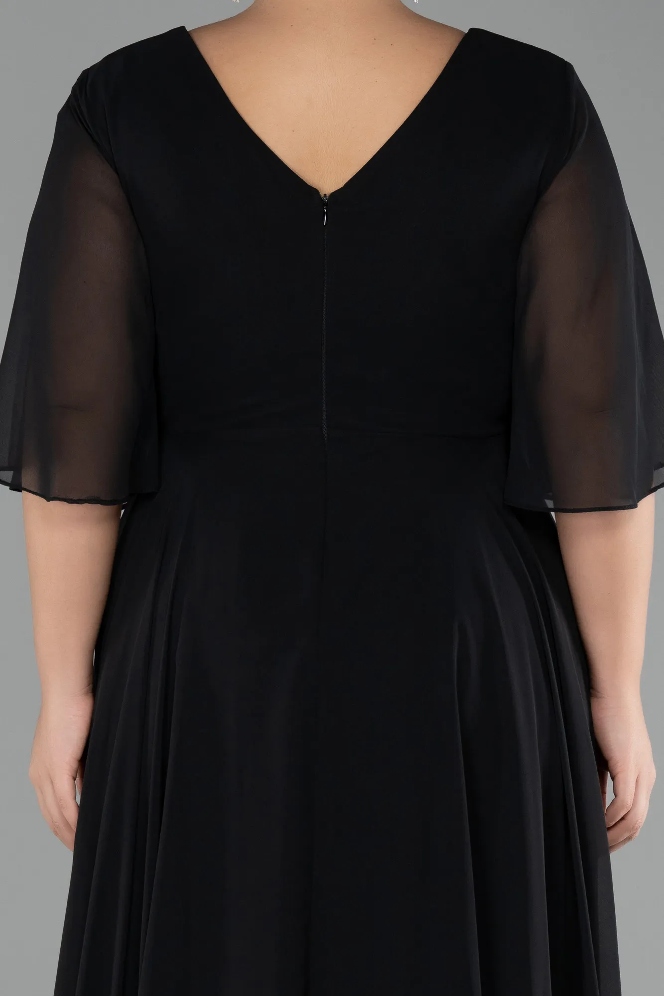 Black-Short Sleeve Plus Size Long Chiffon Evening Dress ABU3991