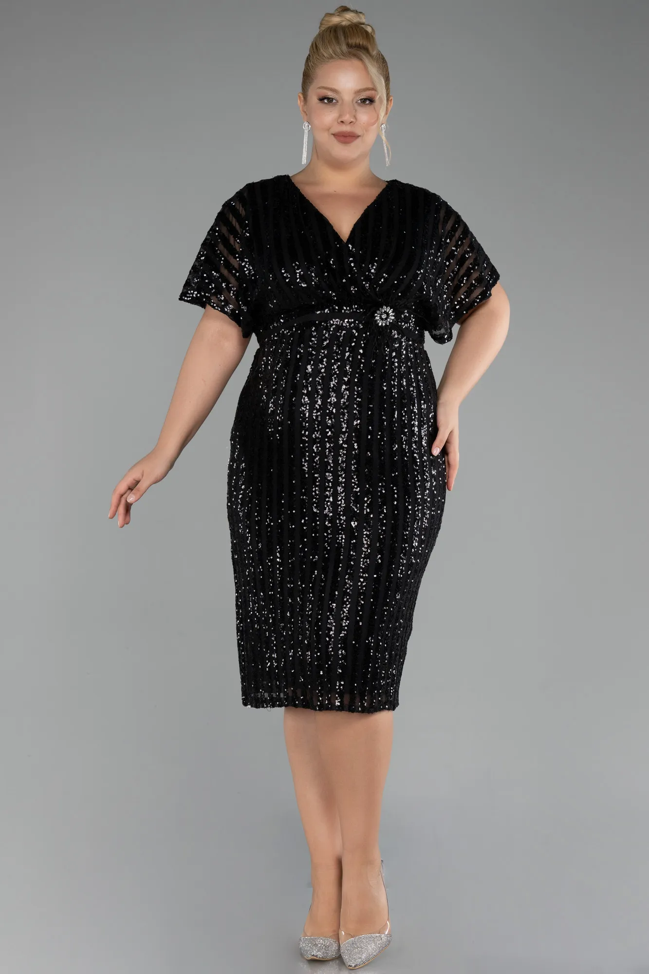 Black-Short Sleeve Scaly Midi Plus Size Cocktail Dress ABK2104