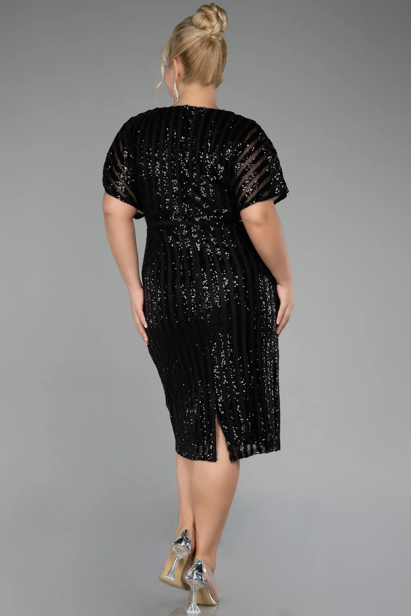 Black-Short Sleeve Scaly Midi Plus Size Cocktail Dress ABK2104