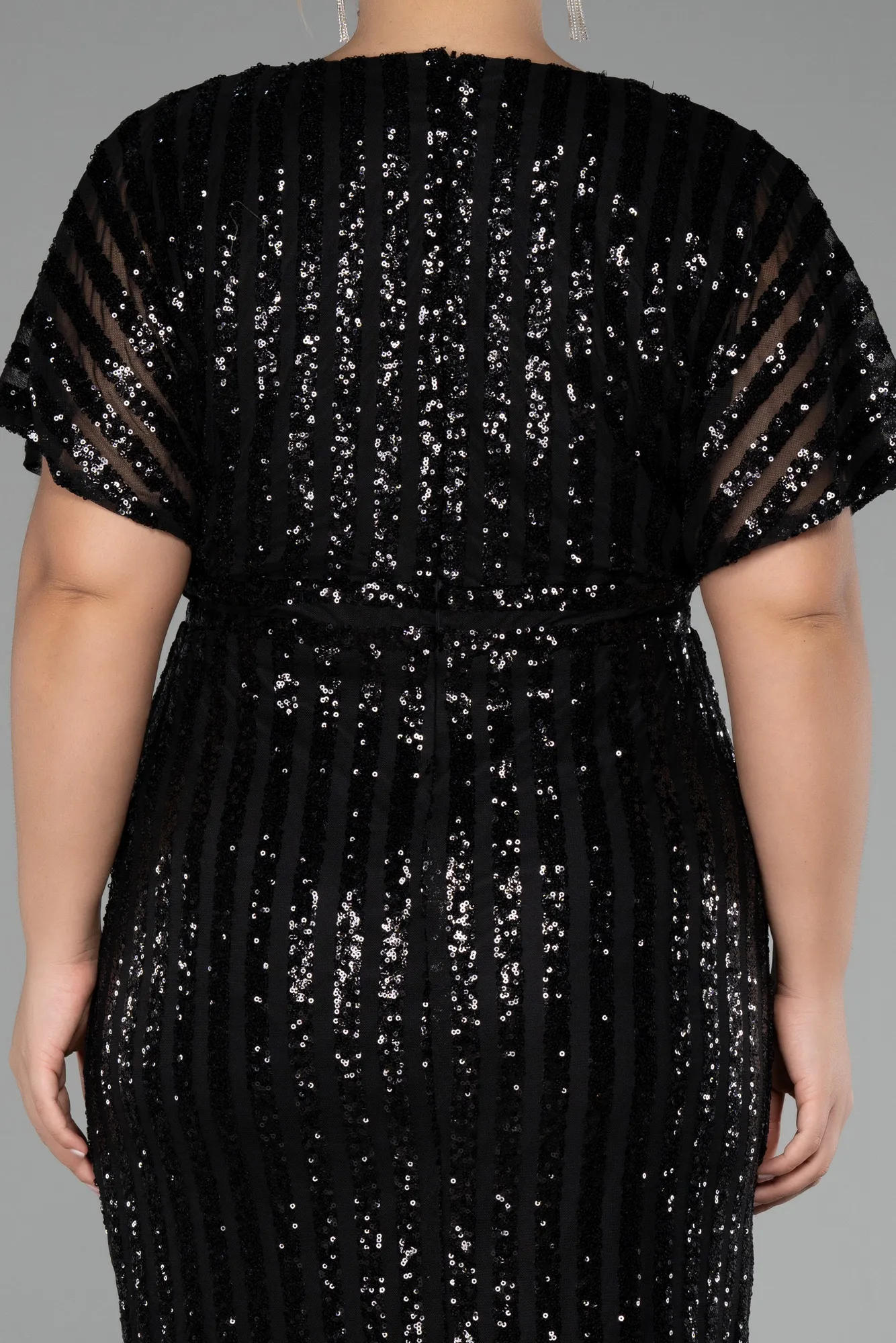 Black-Short Sleeve Scaly Midi Plus Size Cocktail Dress ABK2104