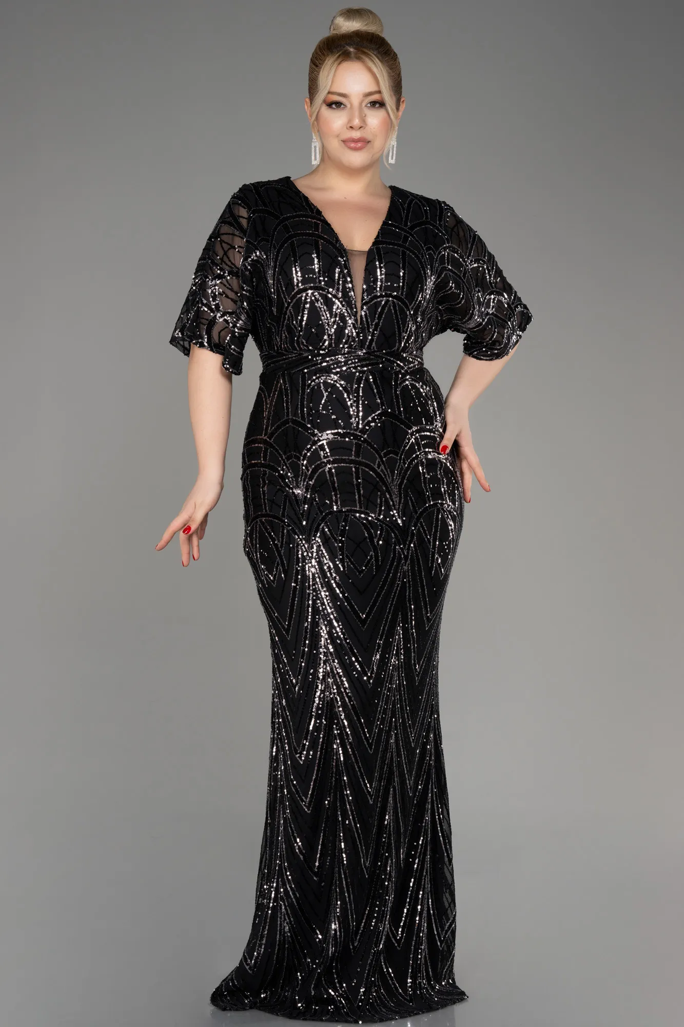 Black-Short Sleeve Sequin Long Plus Size Evening Gown ABU3922