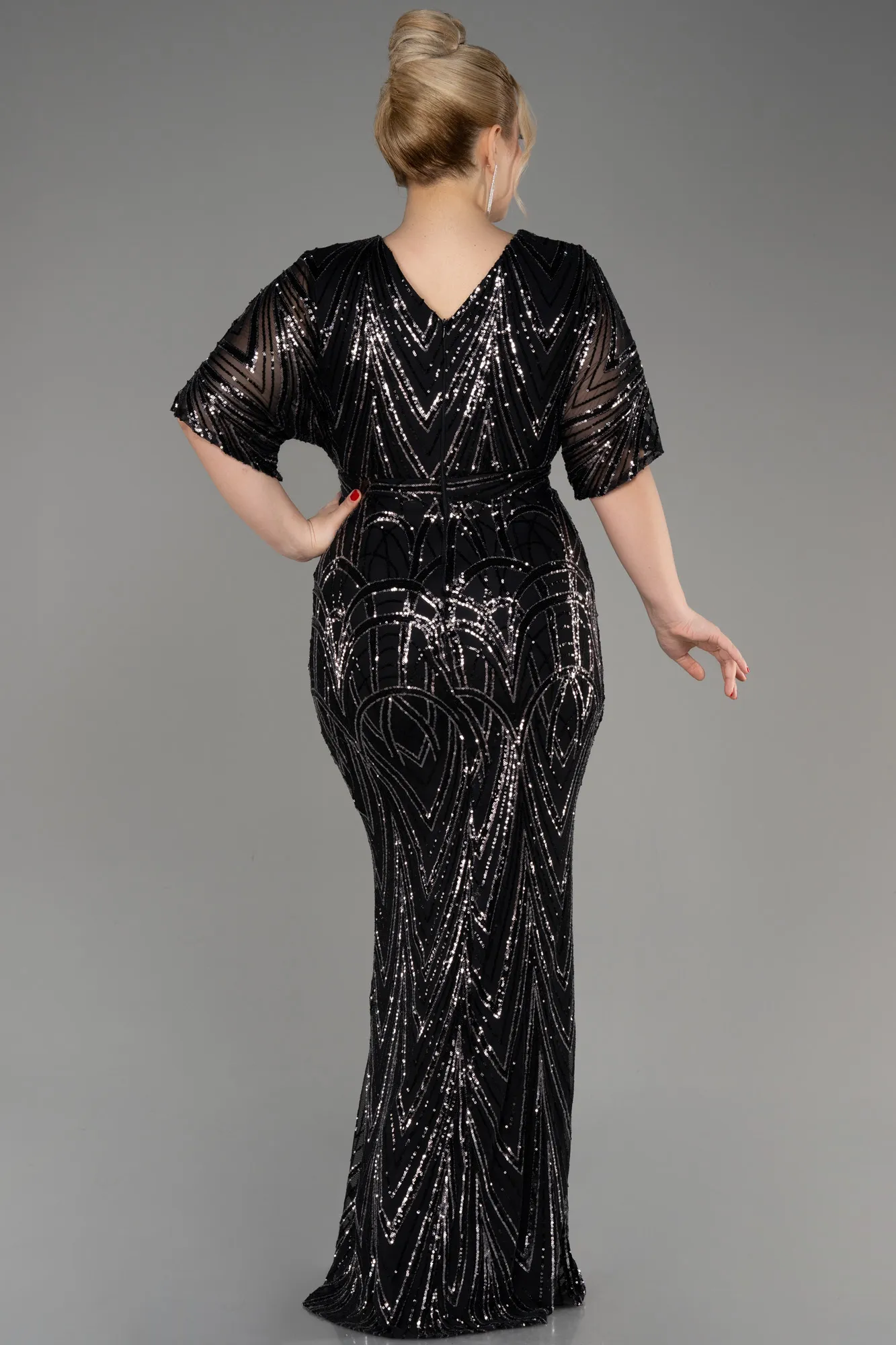 Black-Short Sleeve Sequin Long Plus Size Evening Gown ABU3922