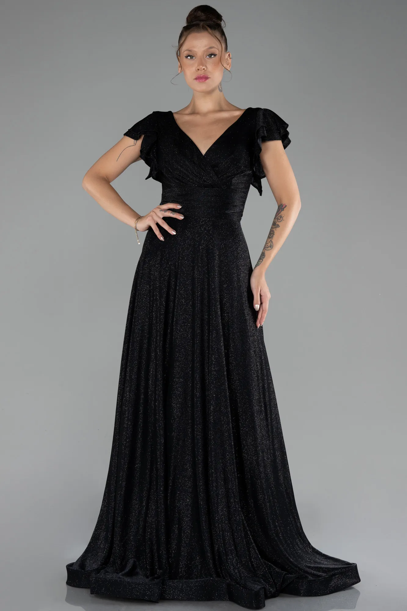 Black-Short Sleeve Silvery Long Evening Dress ABU4301