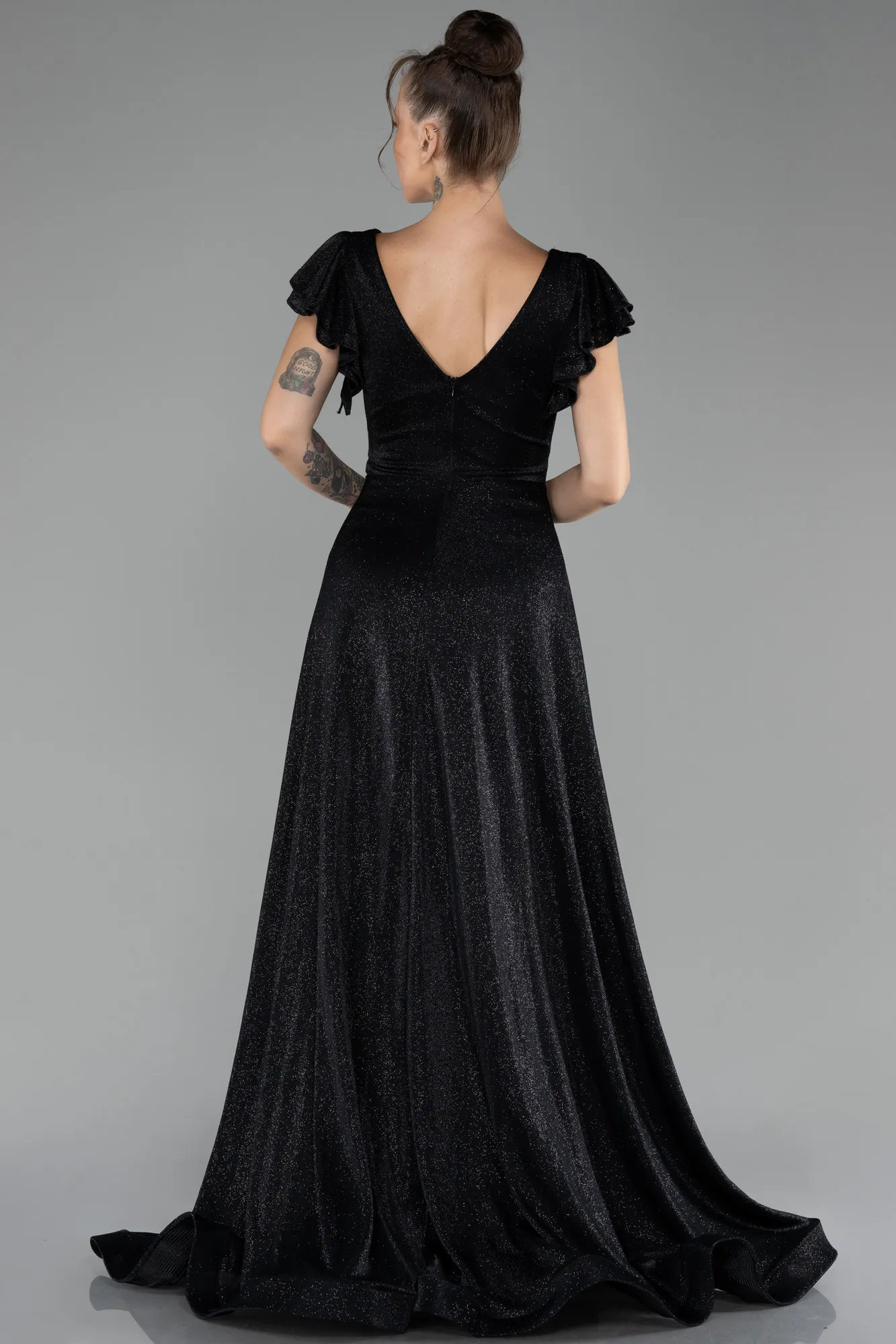 Black-Short Sleeve Silvery Long Evening Dress ABU4301