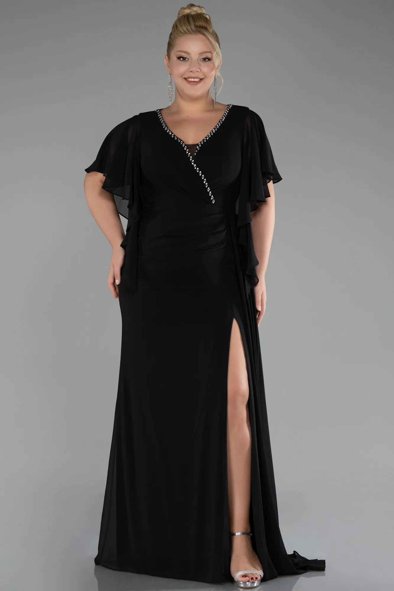 Black-Short Sleeve Slit Long Chiffon Plus Size Evening Dress ABU4209