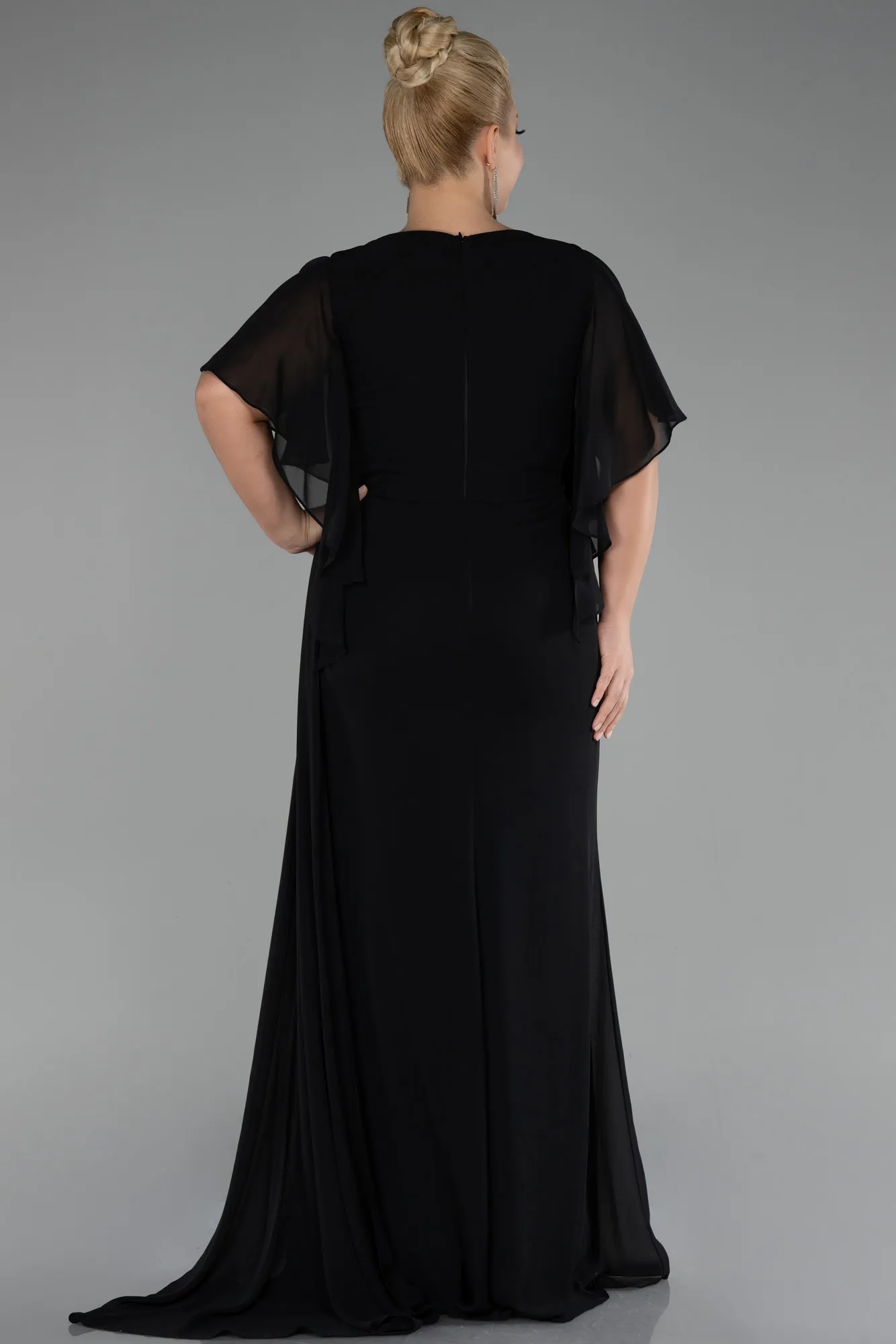 Black-Short Sleeve Slit Long Chiffon Plus Size Evening Dress ABU4209