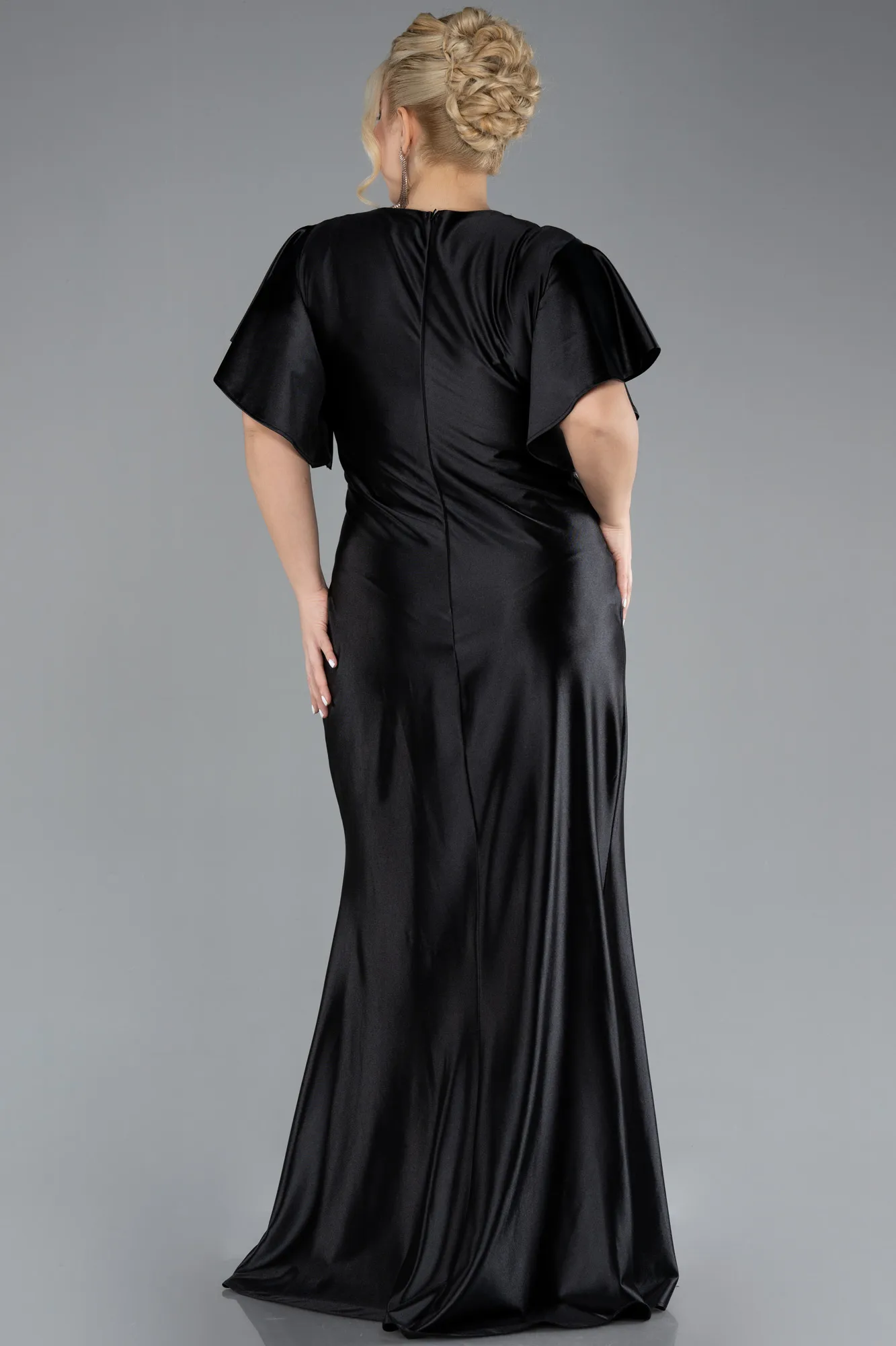 Black-Short Sleeve Slit Long Satin Plus Size Evening Dress ABU4349